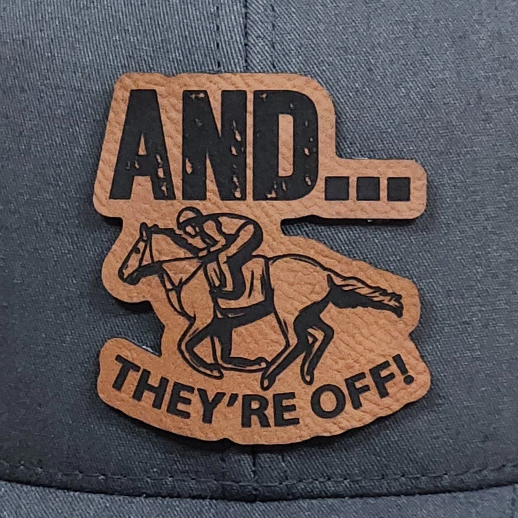And They're Off Derby Engraved Leatherette Hat Patch - MR01