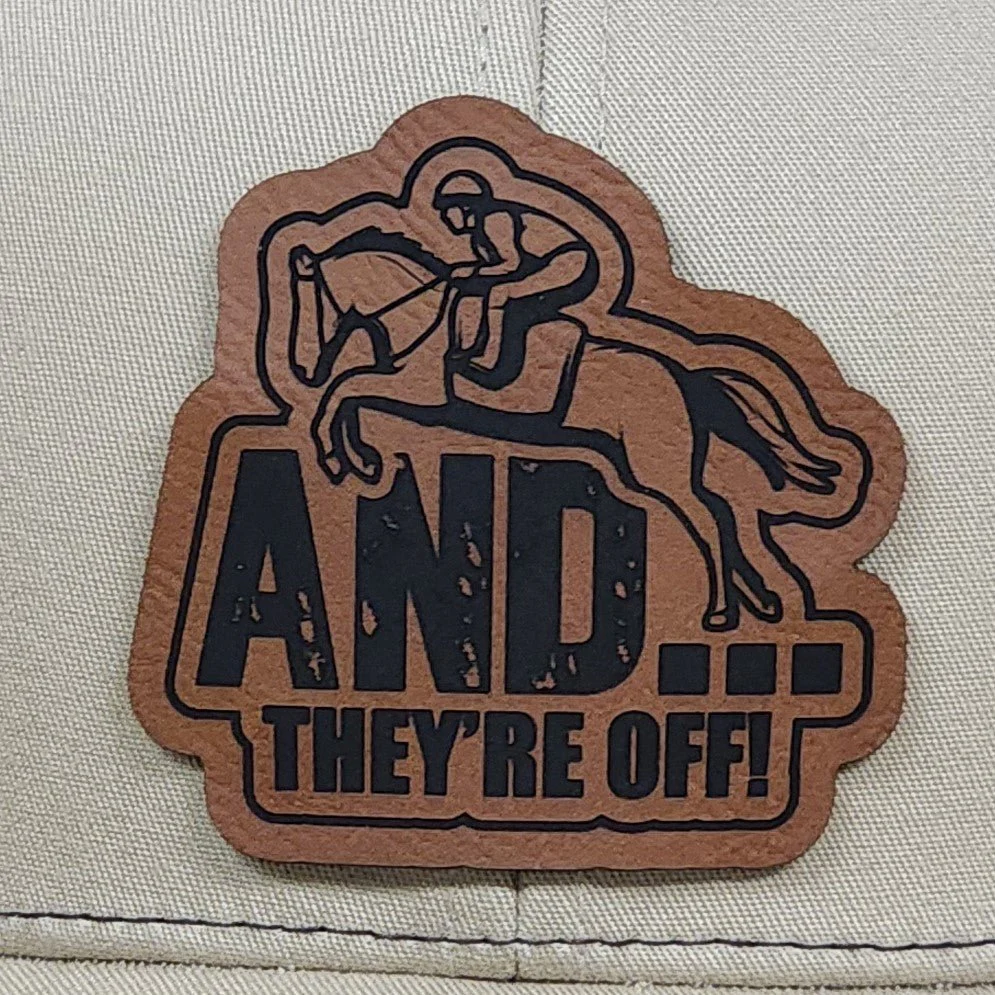 And They're Off Engraved Leatherette Hat Patch - MR01