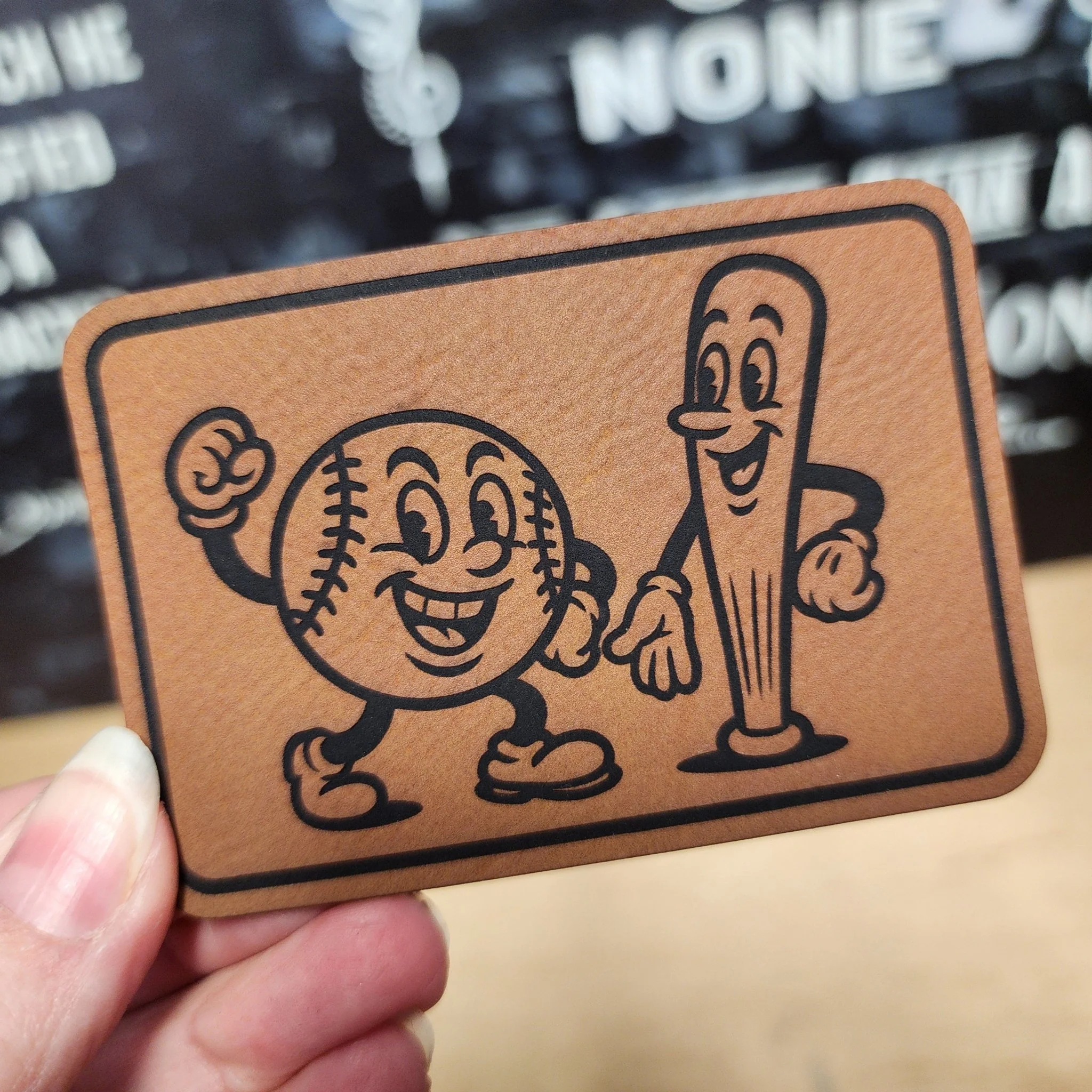 Baseball and Bat (Rawhide) Engraved Leatherette Hat Patch - MR01