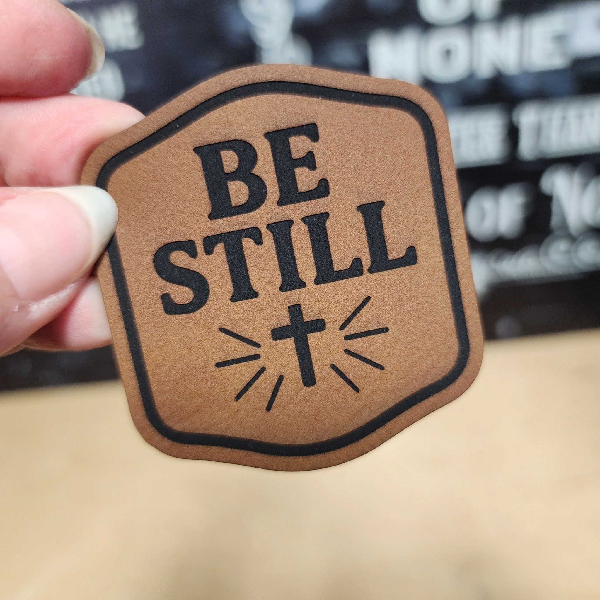 Be Still Cross (Rawhide) Engraved Leatherette Hat Patch - MR01