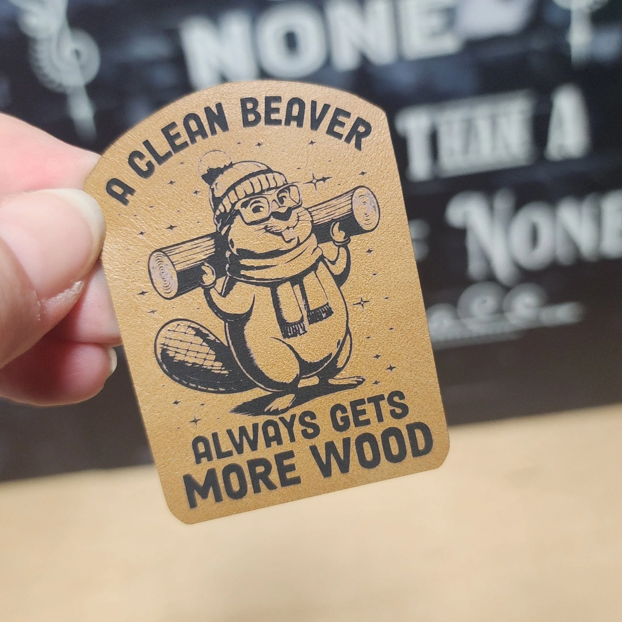 Beaver Humor: Wood Jokes Engraved Leatherette Hat Patch - MR01