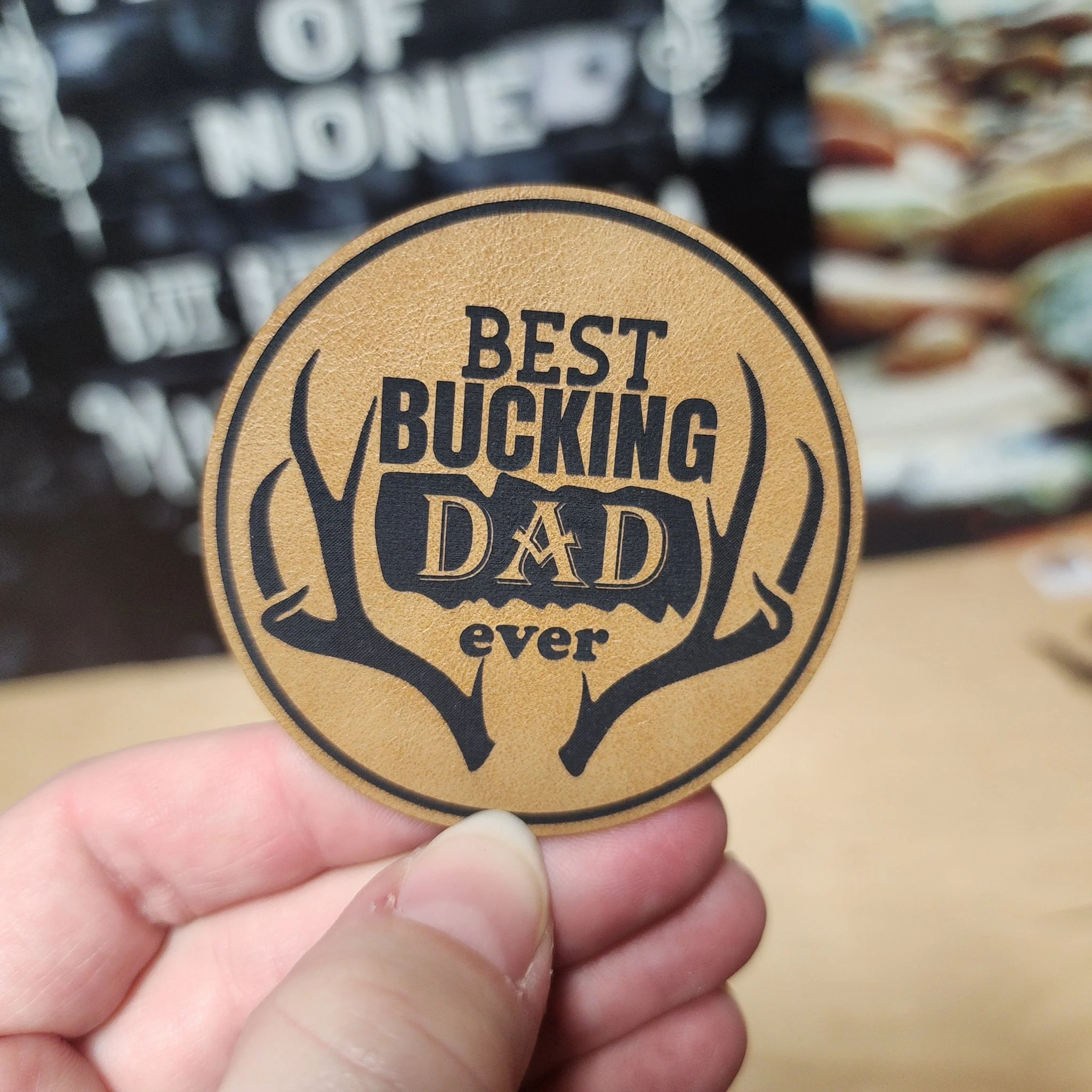 Best Bucking Dad Ever (Saddle Tan) Engraved Leatherette Hat Patch - MR01