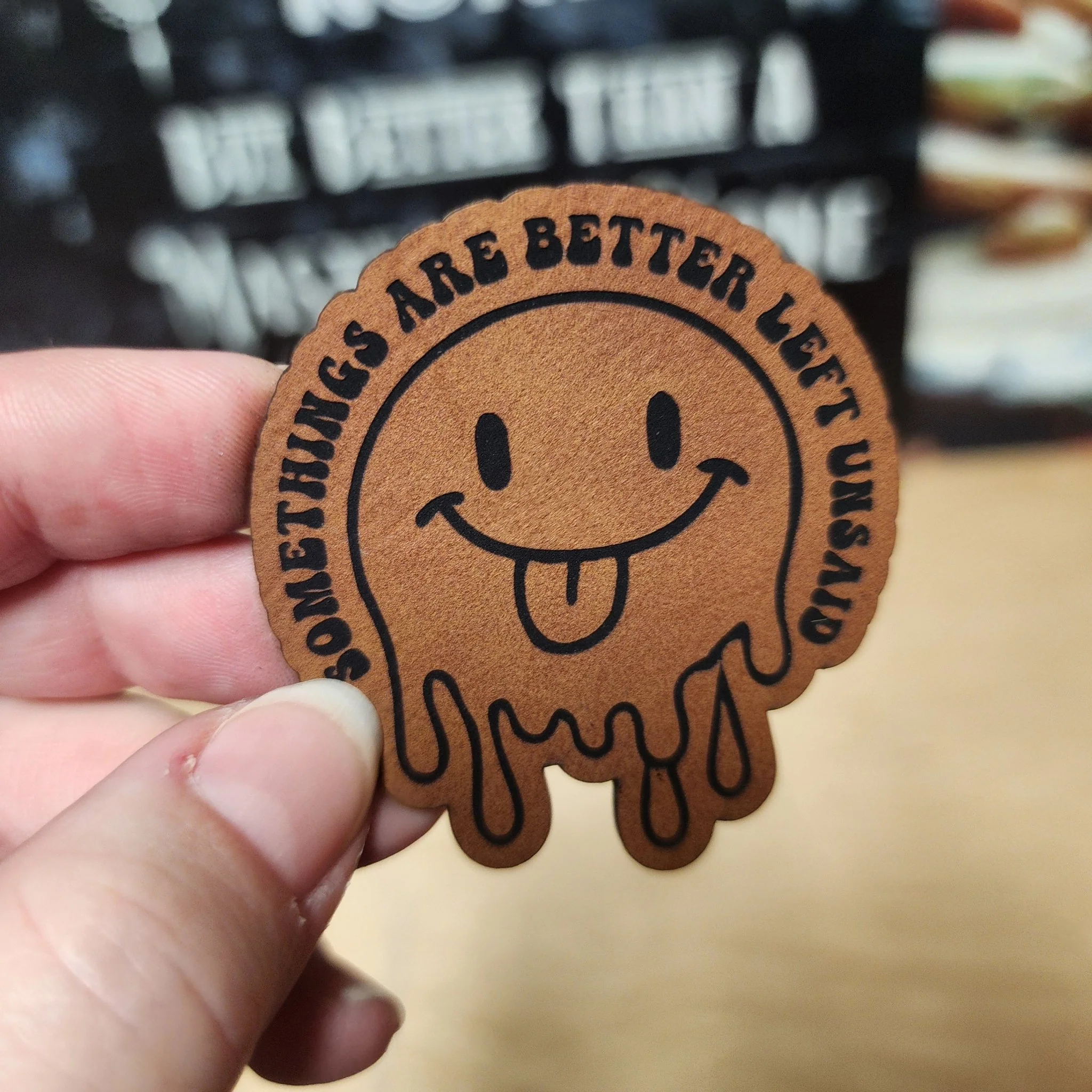 Better Left Unsaid Smiley (Rawhide) Engraved Leatherette Hat Patch - MR01