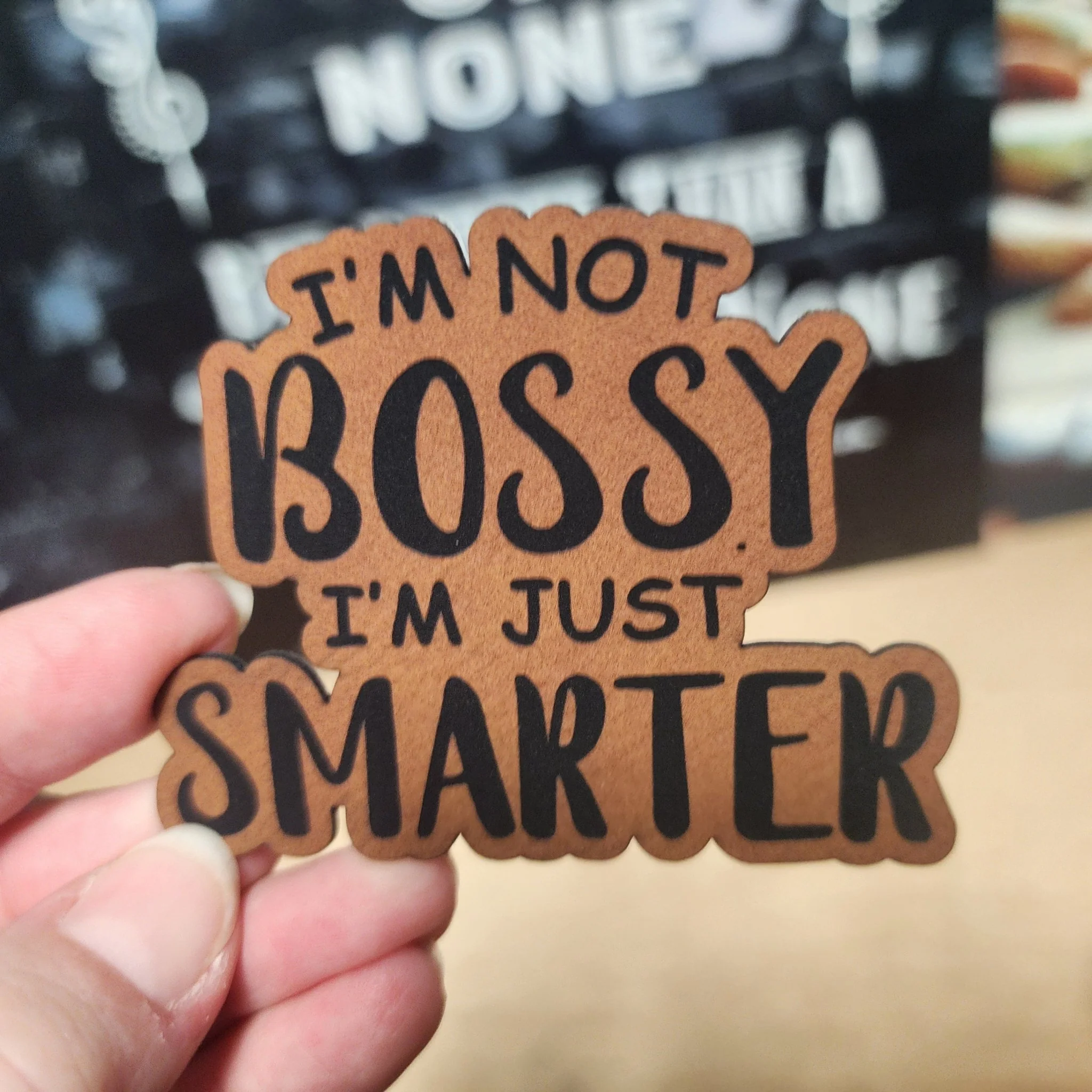 Bossy but Smarter Engraved Leatherette Hat Patch - MR01 - Image 3