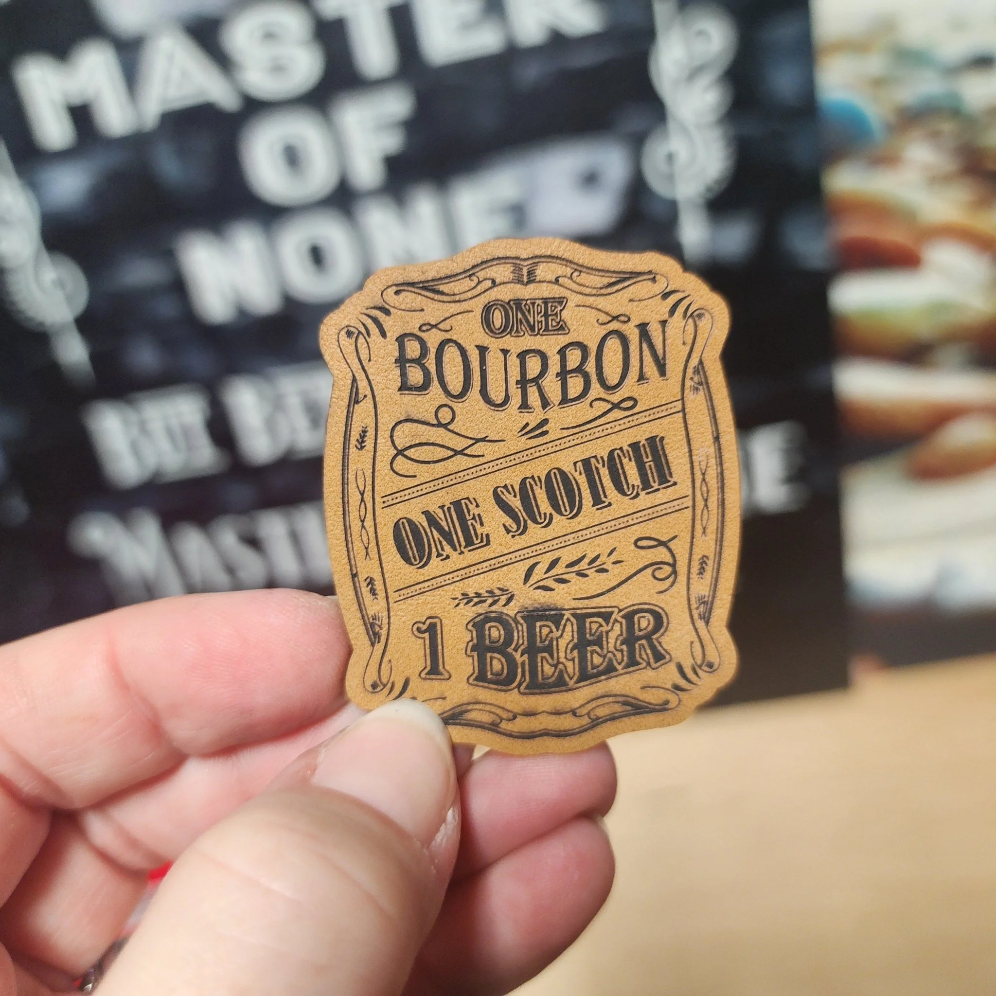 Bourbon, Scotch, and Beer (Saddle Tan) Engraved Leatherette Hat Patch - MR01