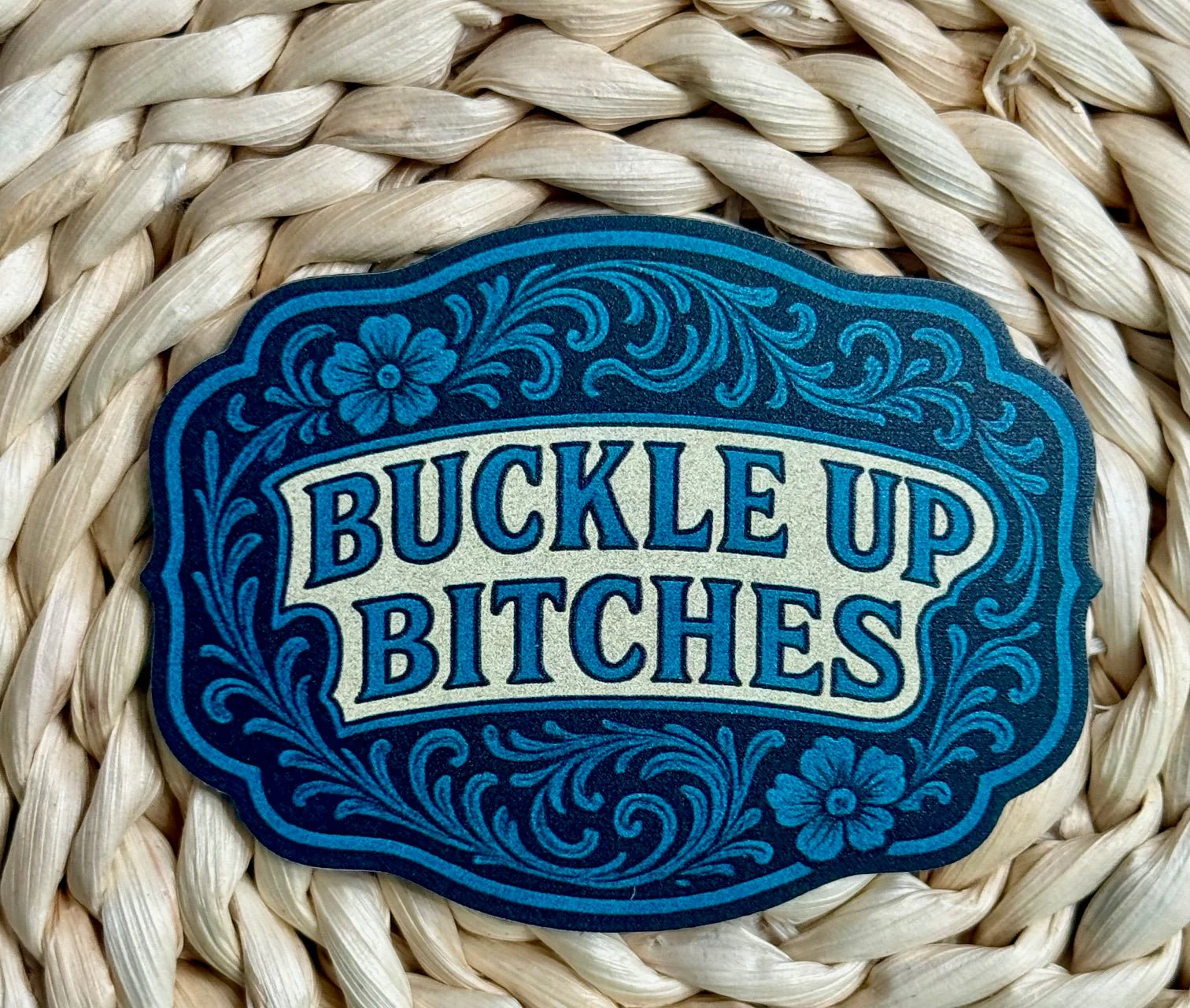Buckle Up Tooled Look Buckle Style UV Printed Leatherette Hat Patch