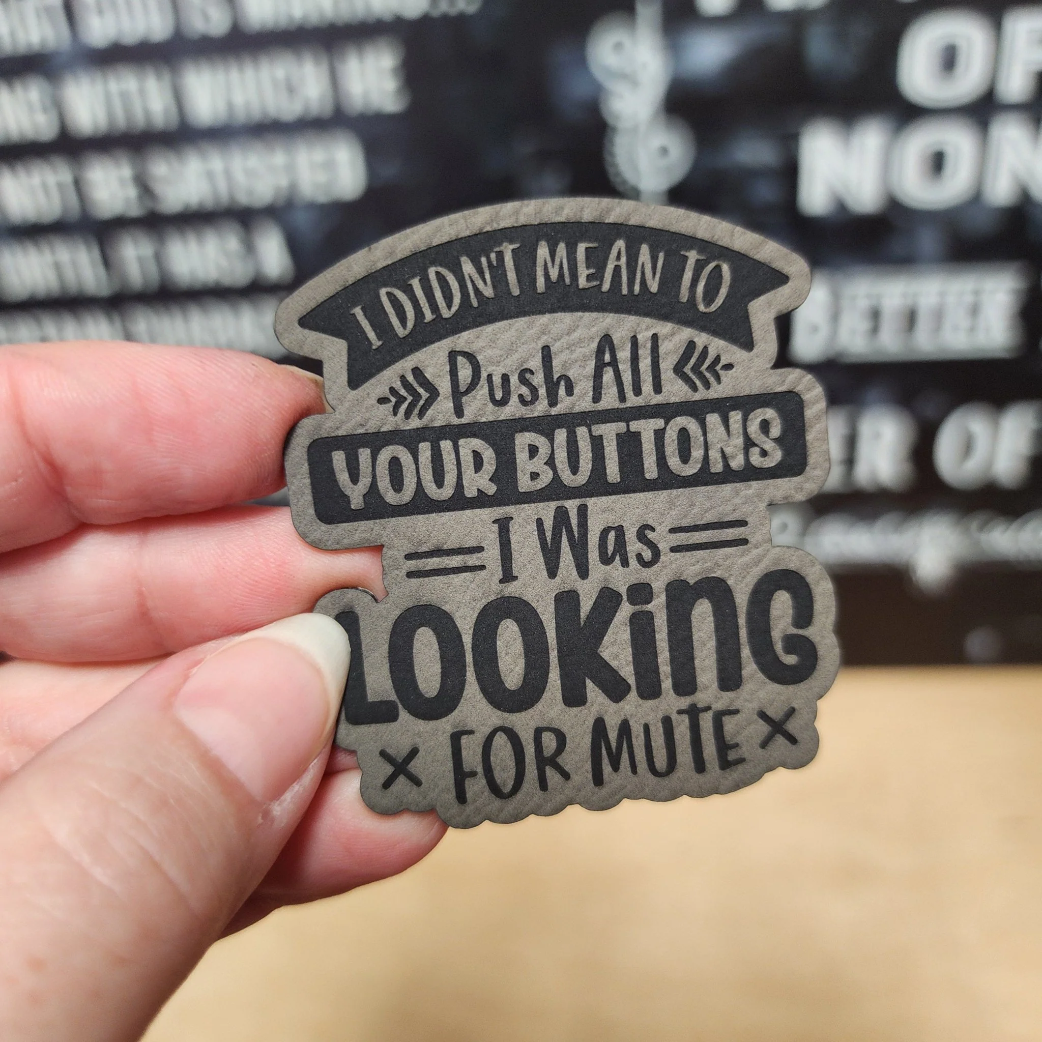 Button Pusher (Grey) Engraved Leatherette Hat Patch - MR01