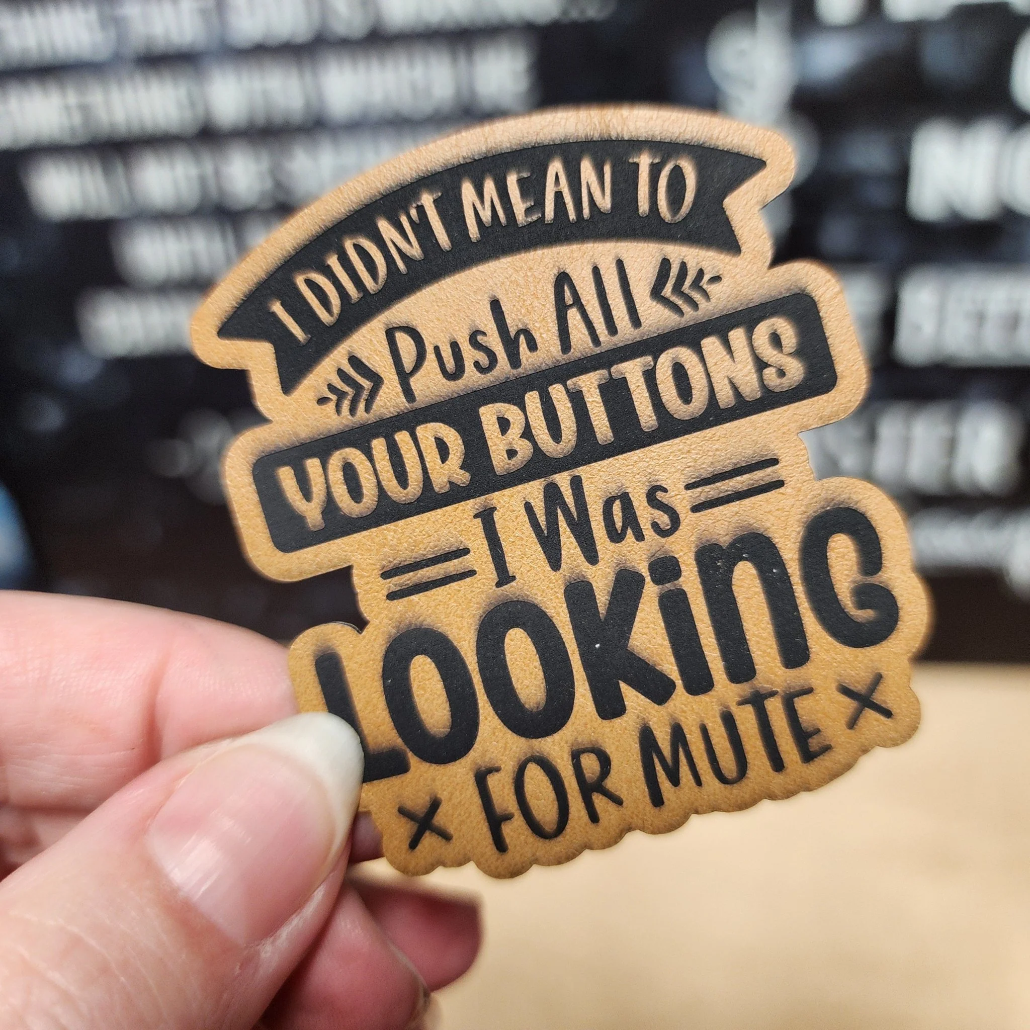Button Pushing for Mute (Saddle Tan) Engraved Leatherette Hat Patch - MR01