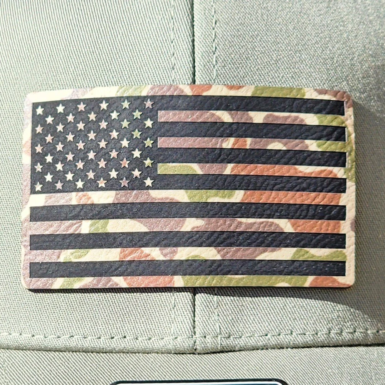 Camo American Flag (Fowl Play) Engraved Leatherette Hat Patch - MR01