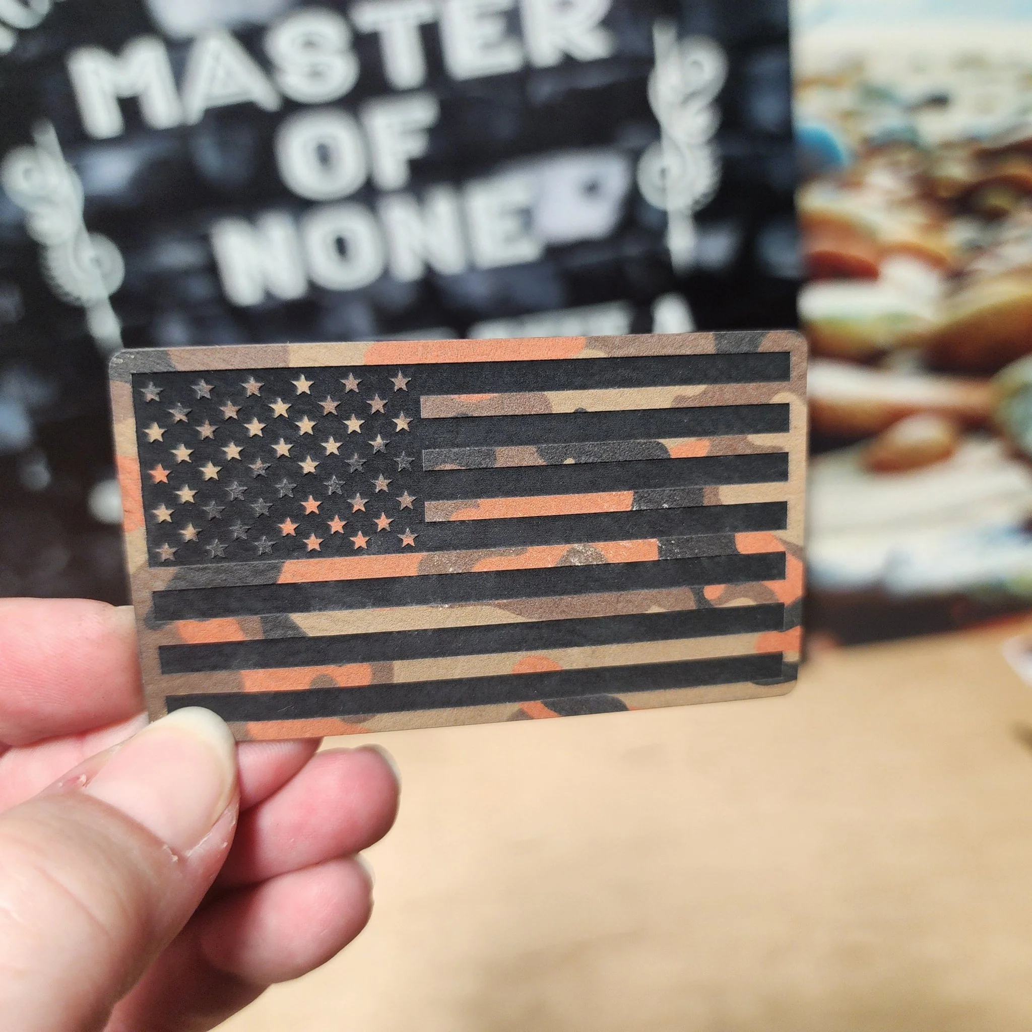 Camo American Flag (Orange Camo) Engraved Leatherette Hat Patch - MR01