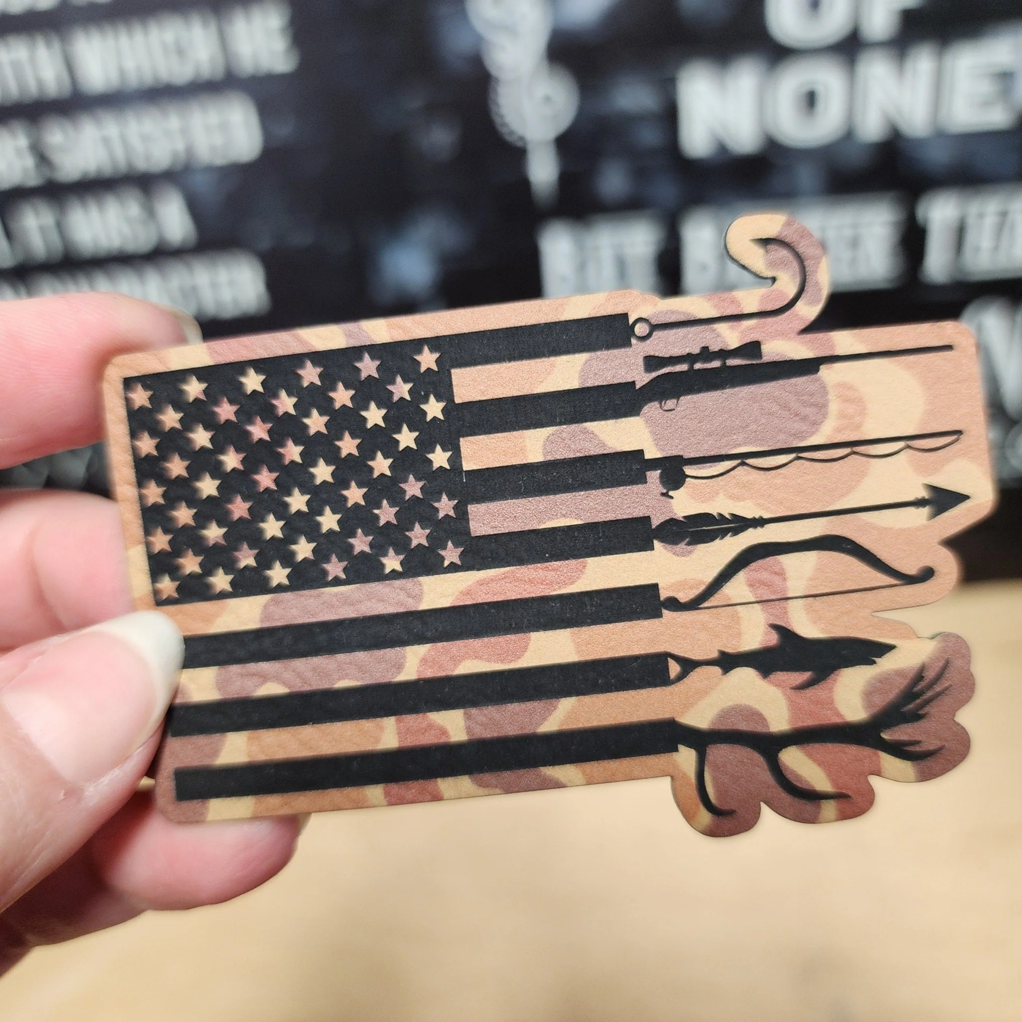 Camo Flag with Weapons Engraved Leatherette Hat Patch - MR01