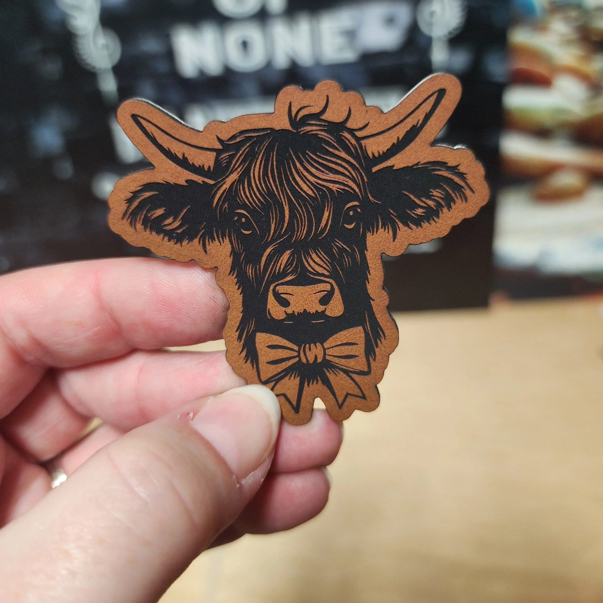 Charming Cow with Bowtie (Rawhide) Engraved Leatherette Hat Patch - MR01
