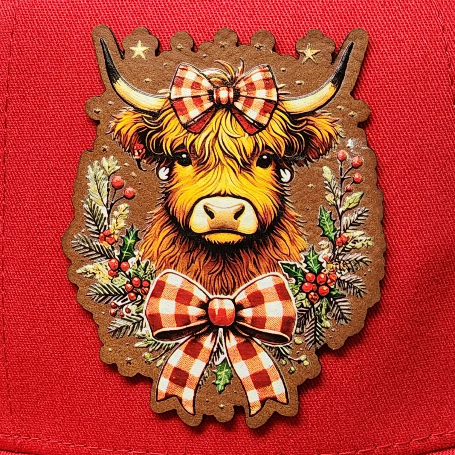 Christmas Highland Cow Charm UV Printed Leatherette Hat Patch - MR01