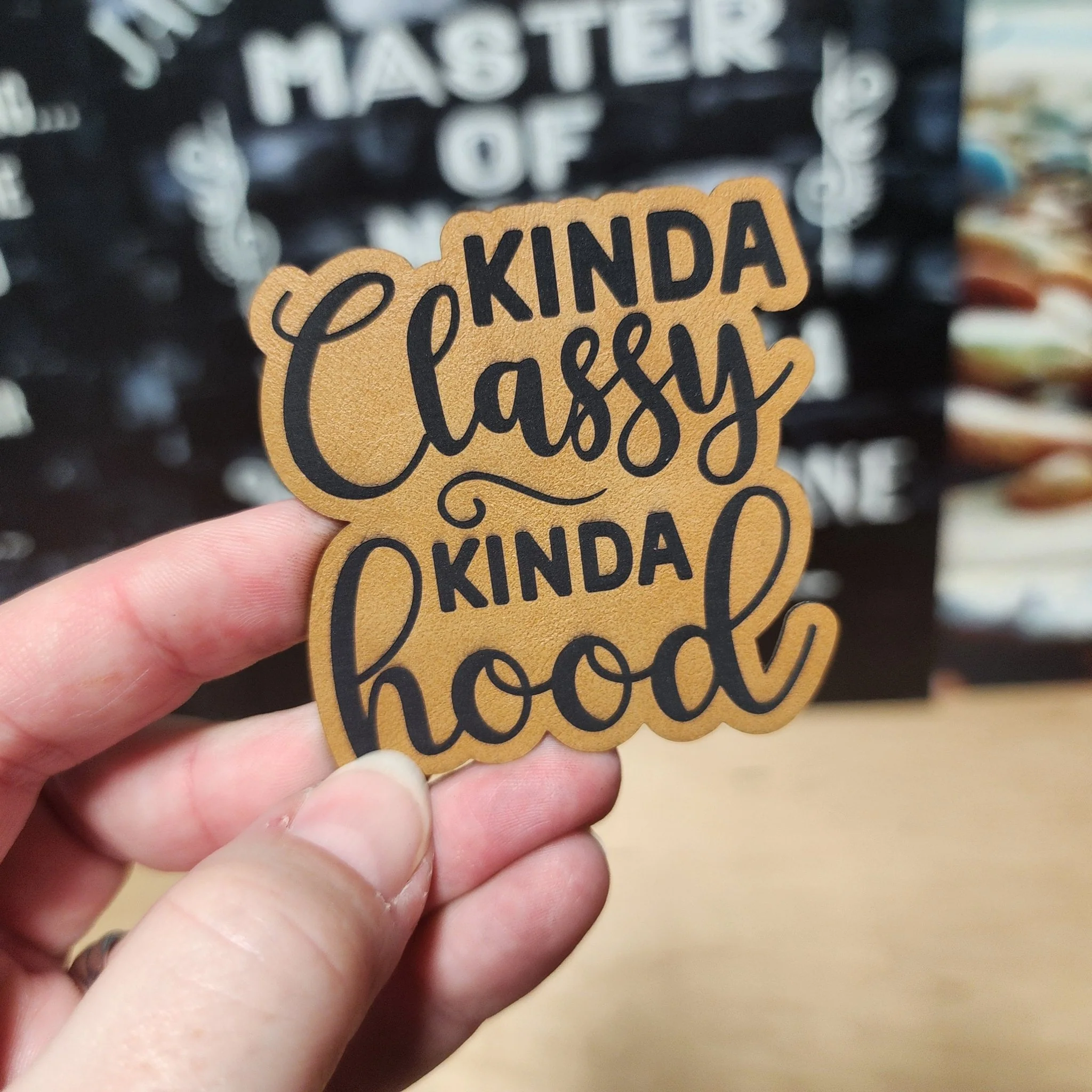 Classy yet Hood (Saddle Tan) Engraved Leatherette Hat Patch - MR01