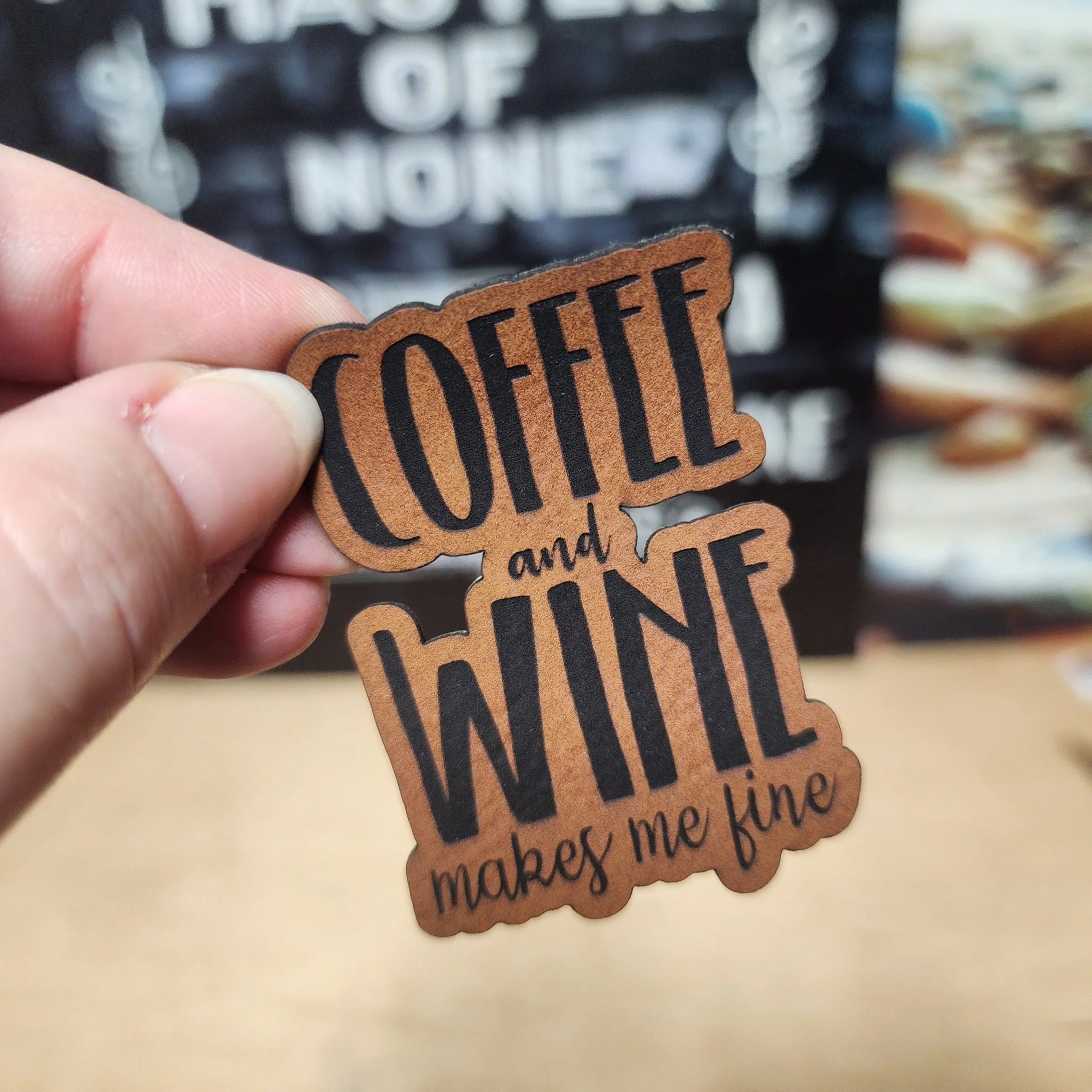 Coffee and Wine (Rawhide) Engraved Leatherette Hat Patch - MR01