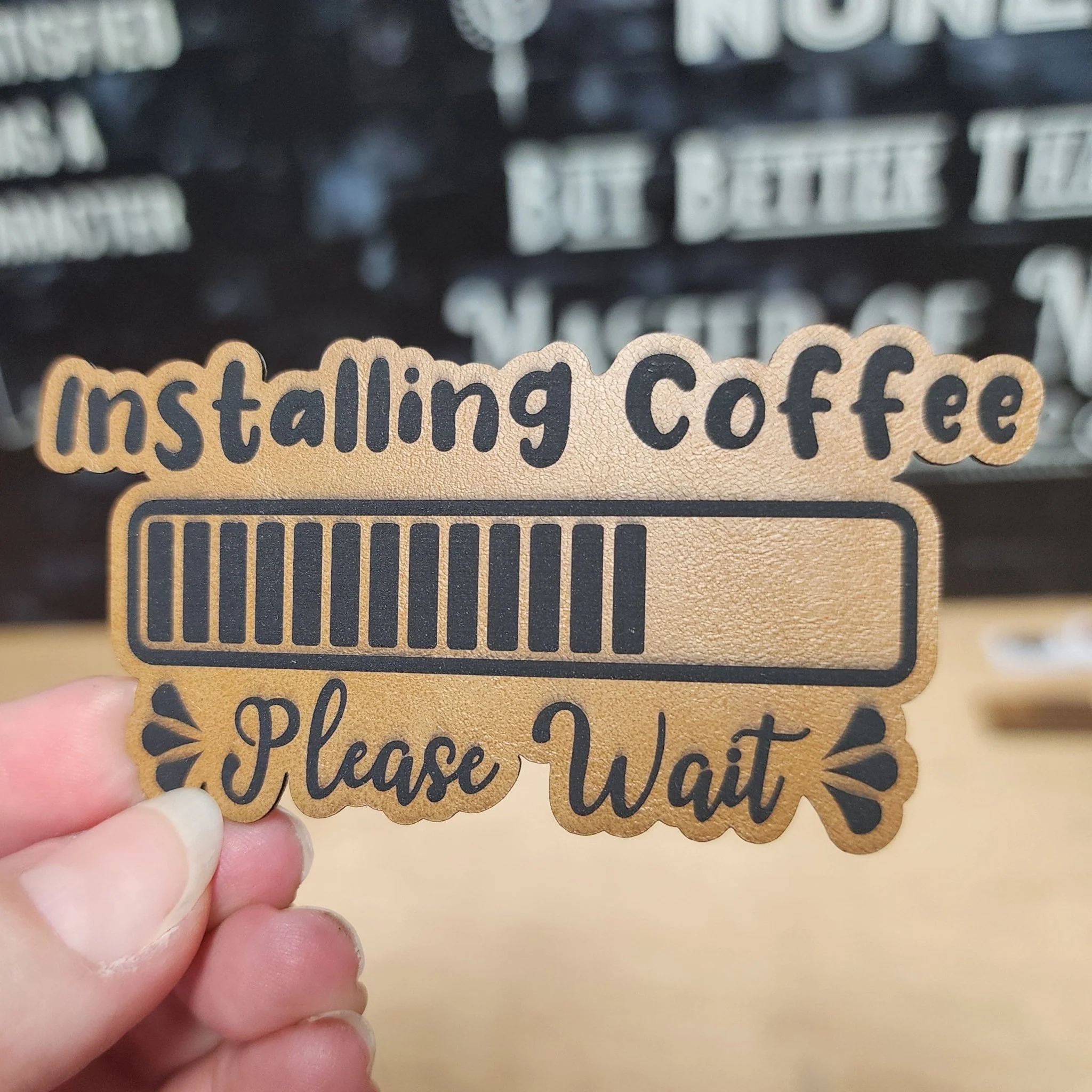 Coffee Installation Progress Bar (Saddle Tan) Engraved Leatherette Hat Patch - MR01