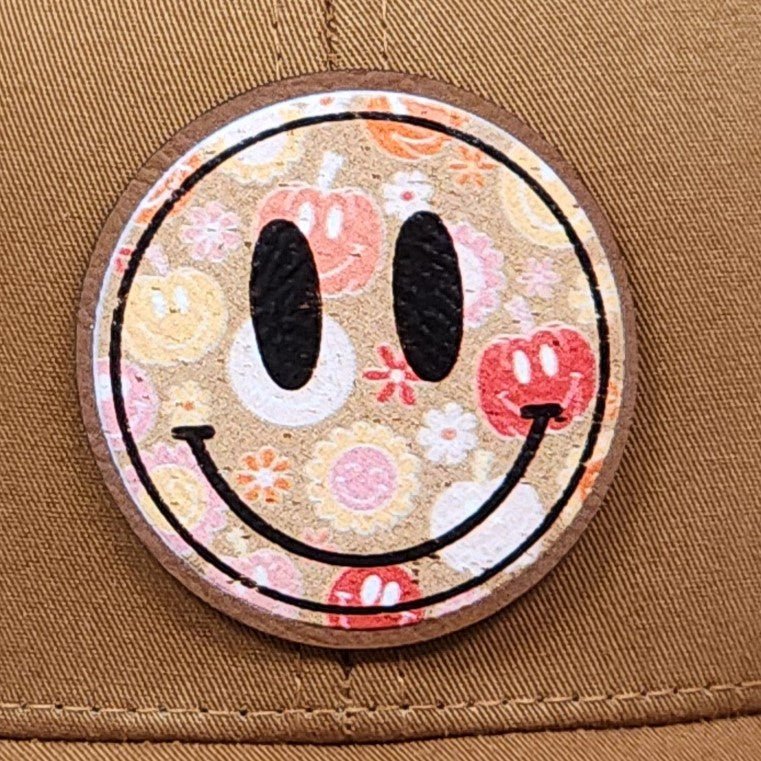Colorful Floral Smiley Face UV Printed Leatherette Hat Patch - MR01