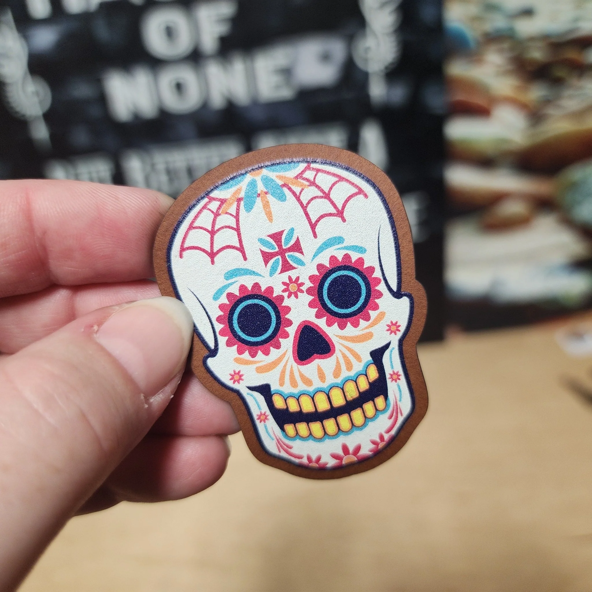 Colorful Sugar Skull Design UV Printed Leatherette Hat Patch - MR01