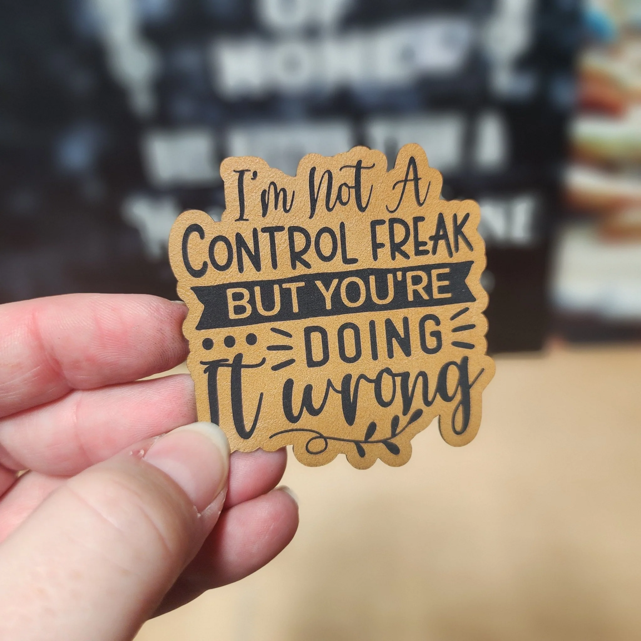 Control Freak Humor Patch (Saddle Tan) Engraved Leatherette Hat Patch - MR01