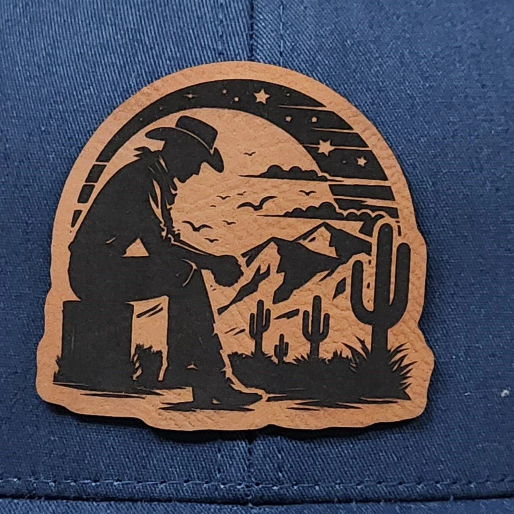 Cowboy Landscape Engraved Leatherette Hat Patch - MR01