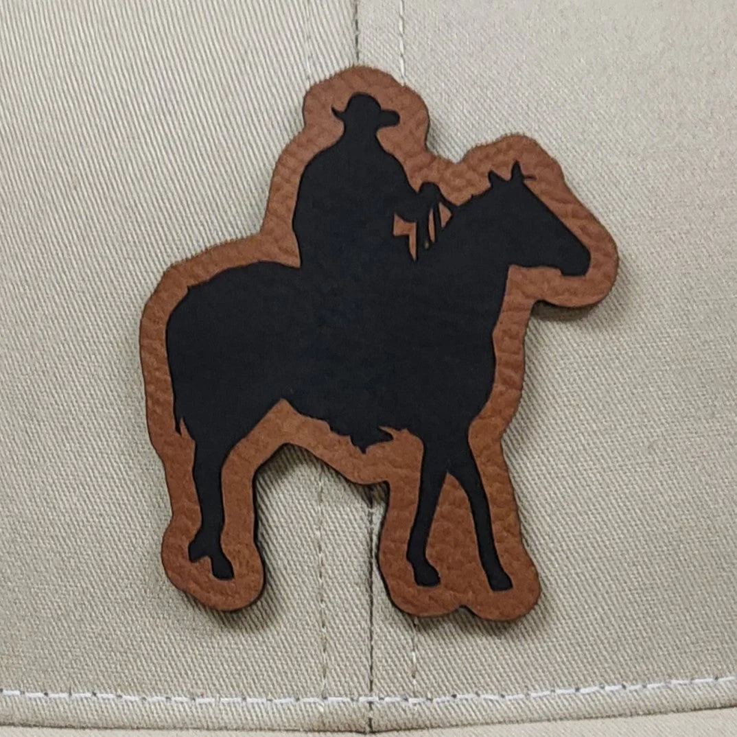Cowboy on Horseback Engraved Leatherette Hat Patch - MR01