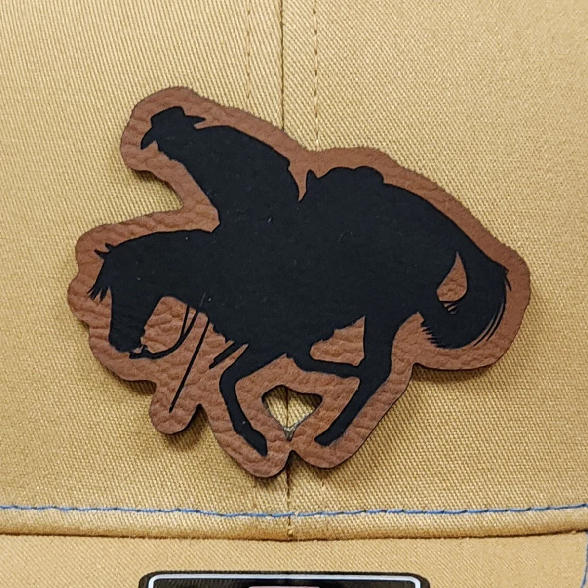 Cowboy on Running Horse Engraved Leatherette Hat Patch - MR01