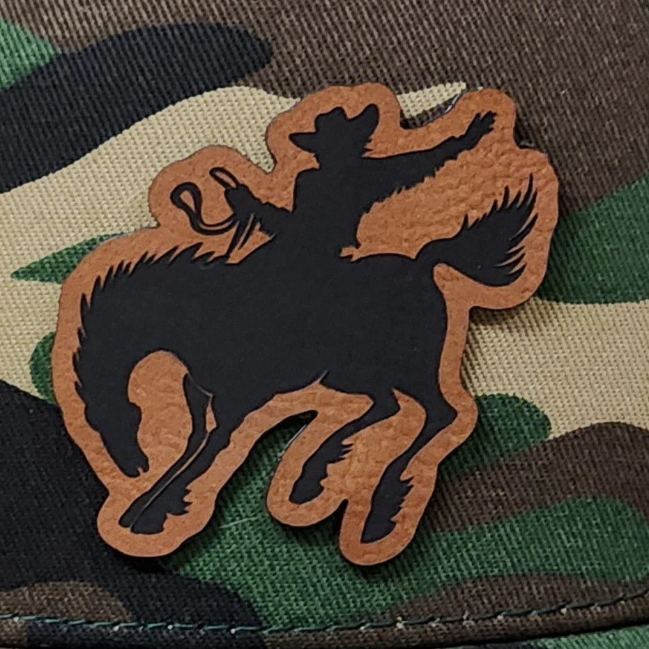 Cowboy Riding Engraved Leatherette Hat Patch - MR01