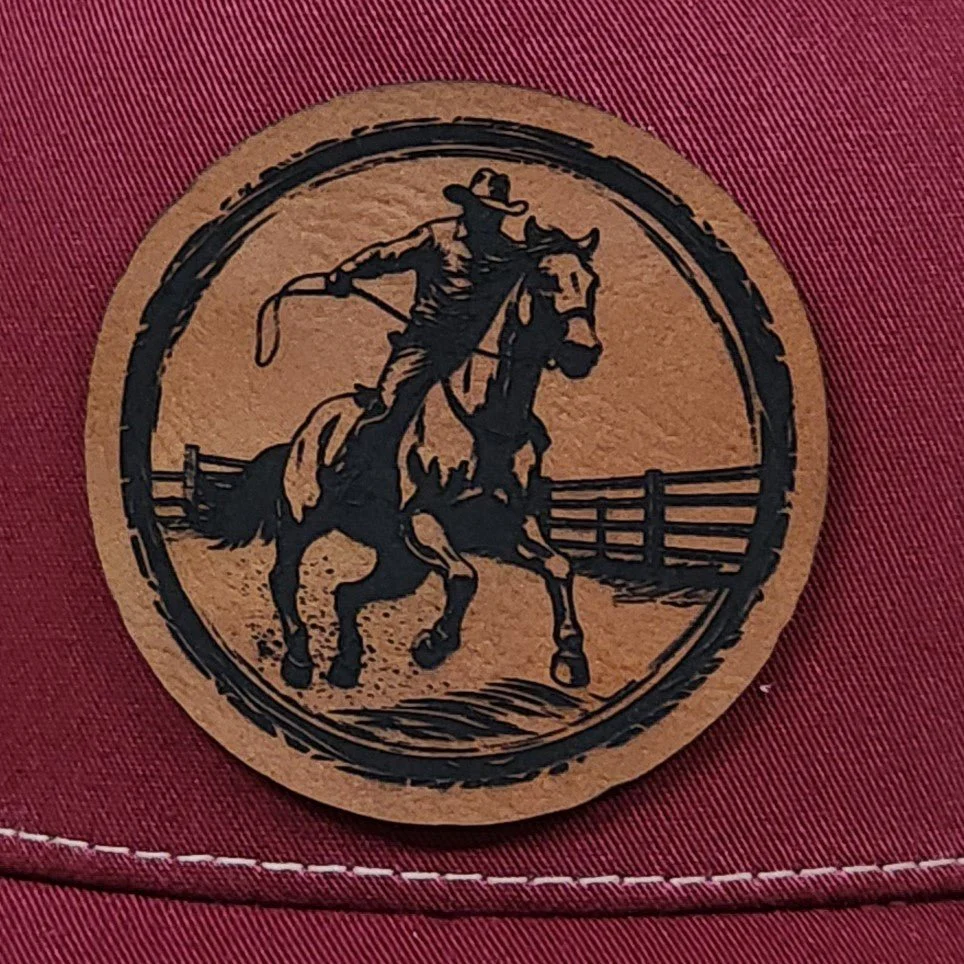Cowboy Riding Horse Patch Engraved Leatherette Hat Patch - MR01