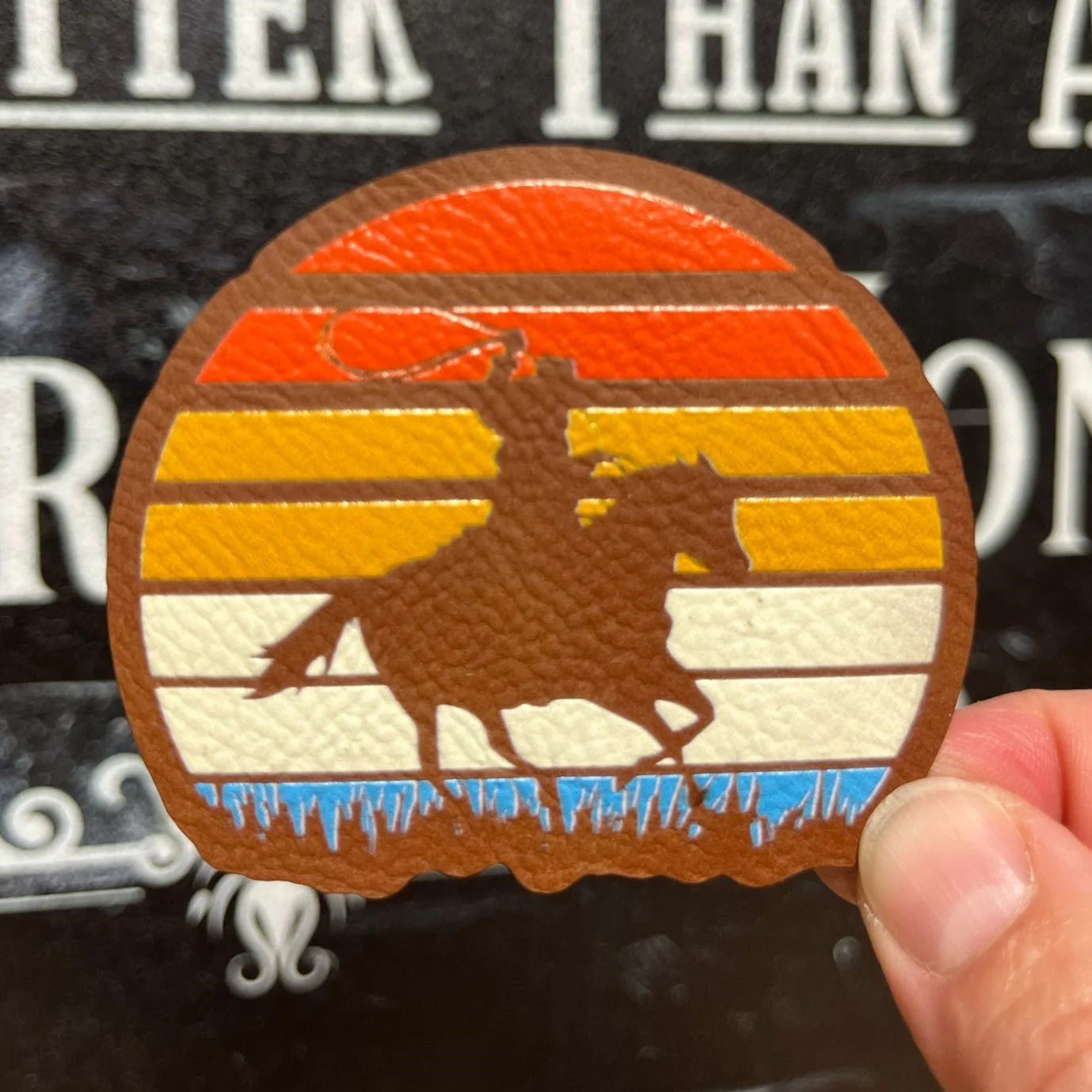 Cowboy Riding into Sunset UV Printed Leatherette Hat Patch - MR01