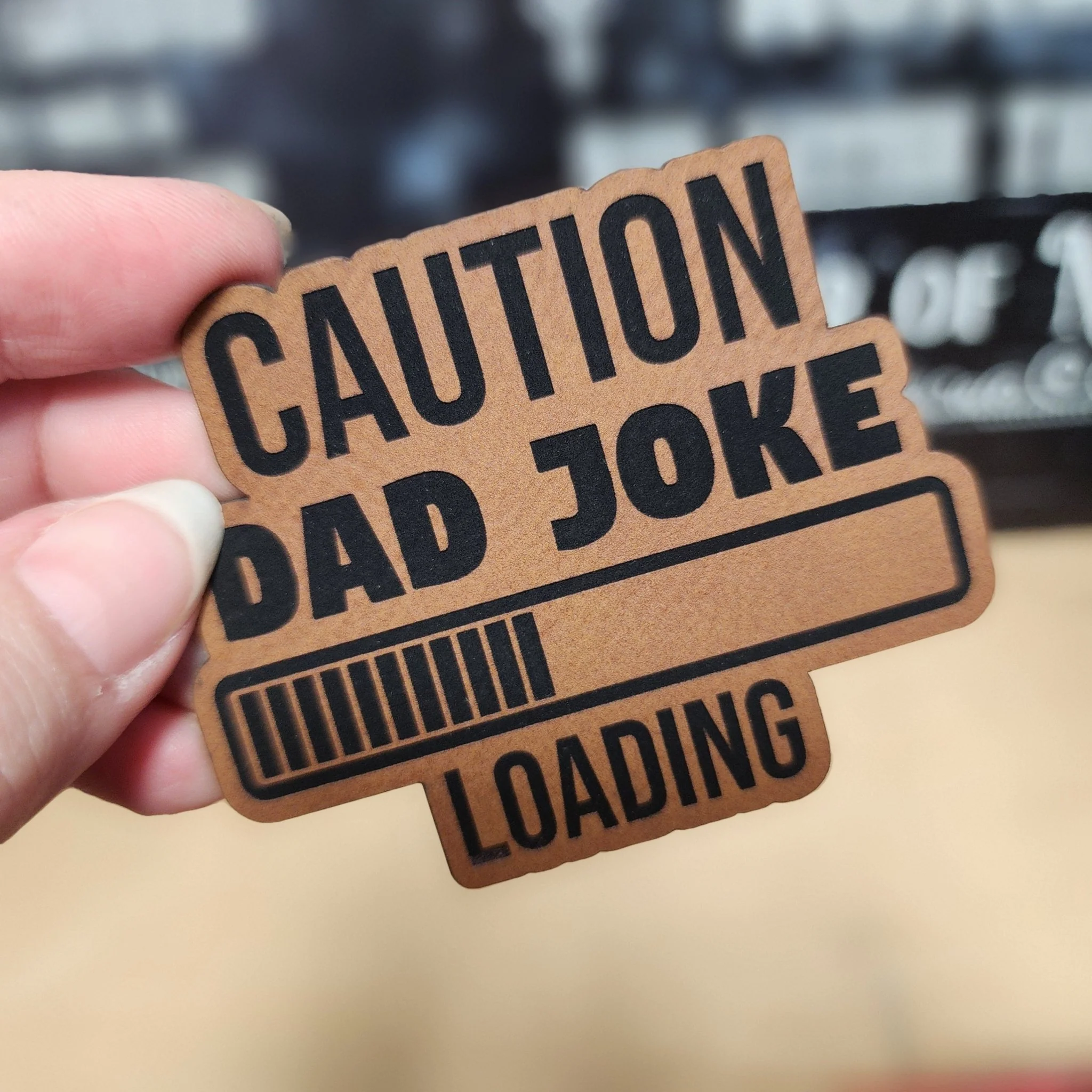 Dad Joke Ahead Warning (Rawhide) Engraved Leatherette Hat Patch - MR01