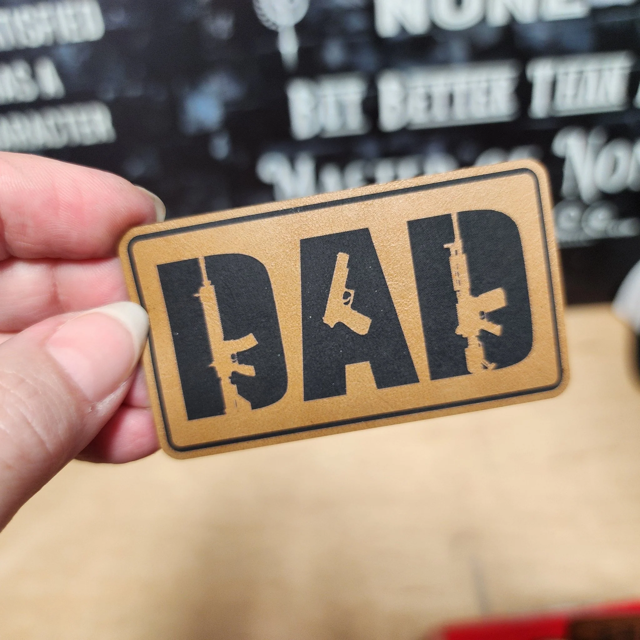 Dad with Guns (Saddle Tan) Engraved Leatherette Hat Patch - MR01