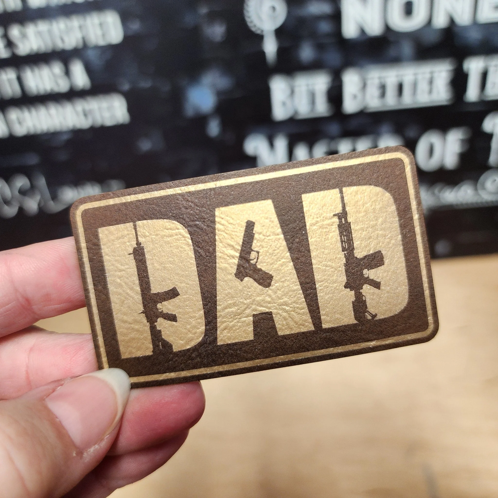 Dads with Guns (Rustic Gold) Engraved Leatherette Hat Patch - MR01