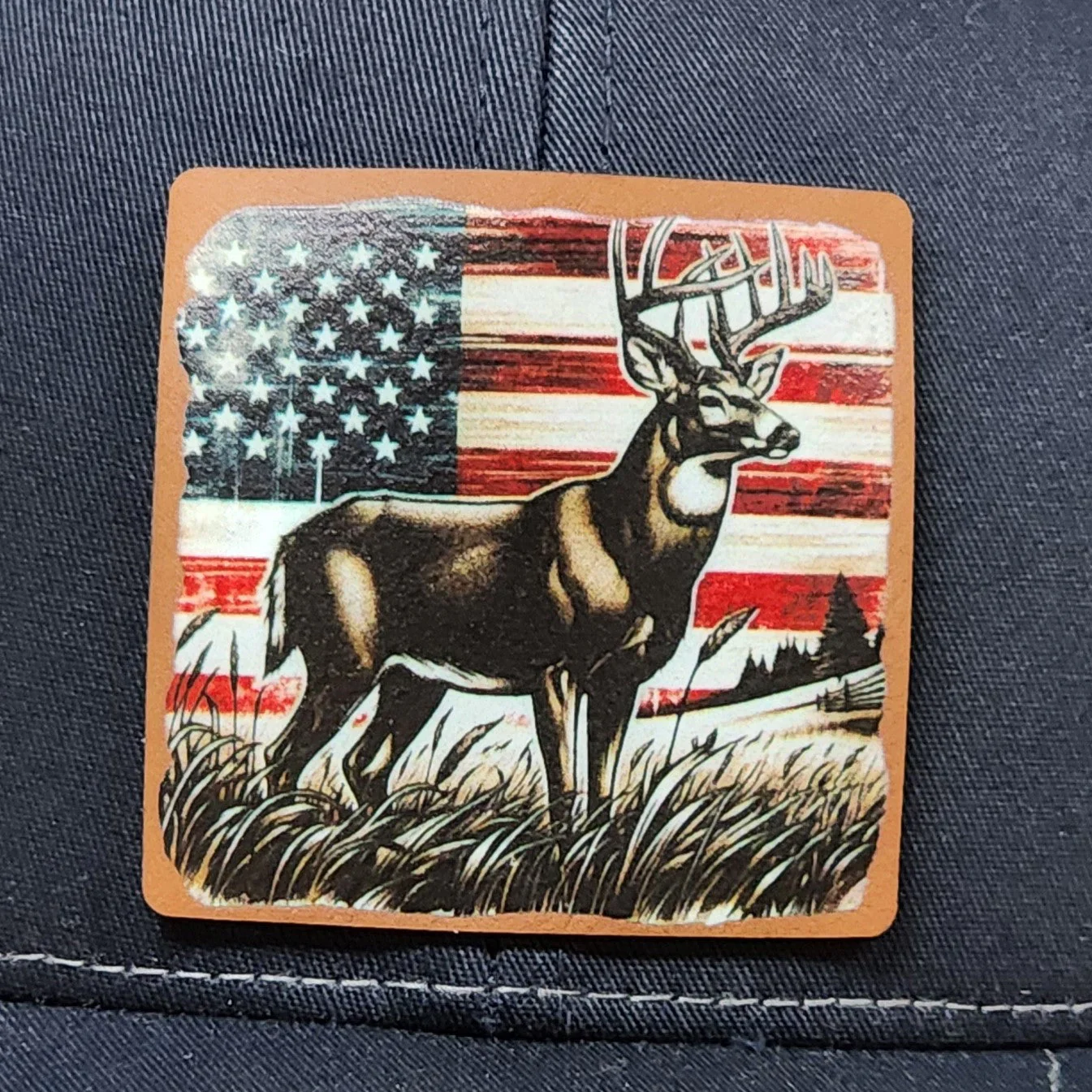 Deer American Flag UV Printed Leatherette Hat Patch - MR01 - Image 2