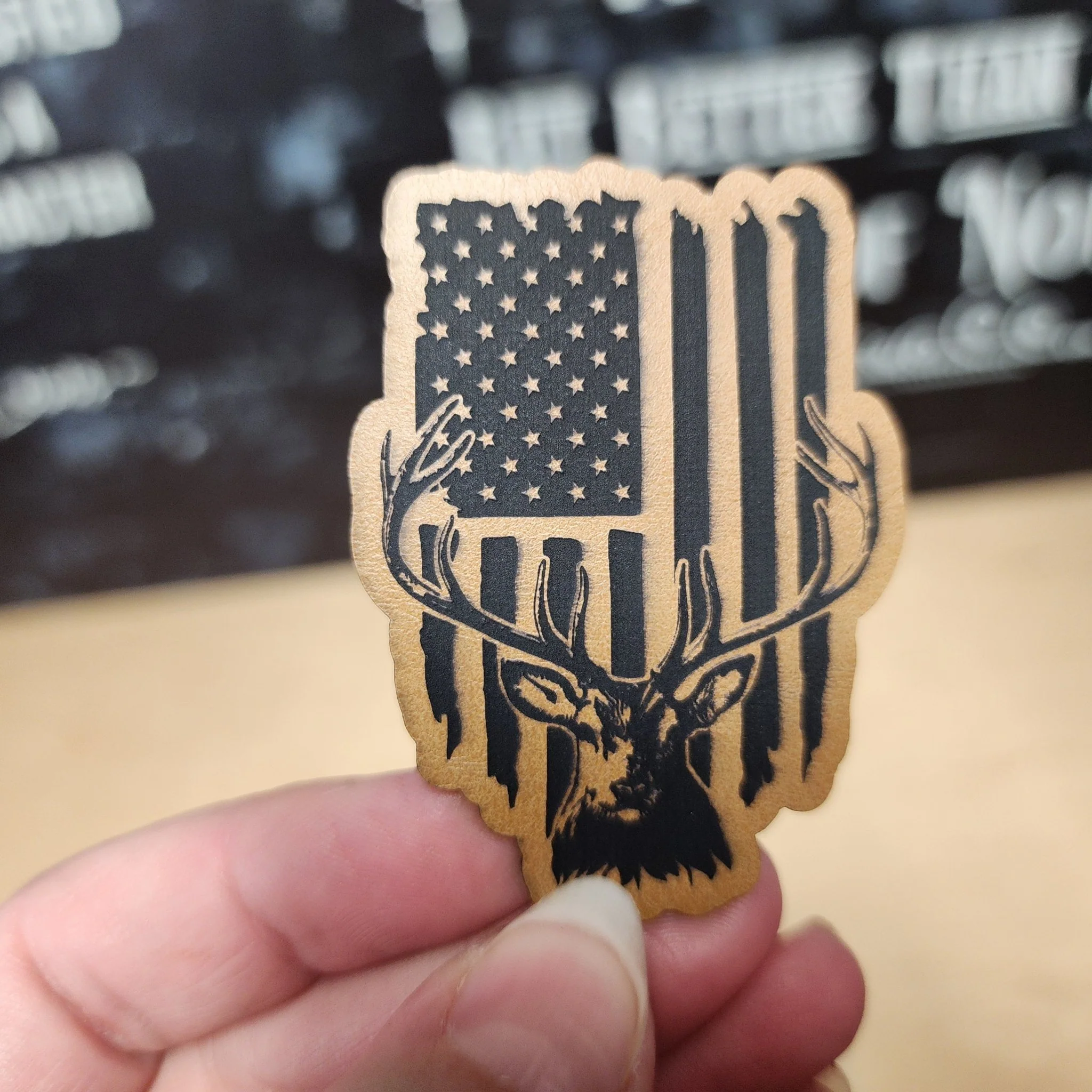 Deer and Flag (Saddle Tan) Engraved Leatherette Hat Patch - MR01