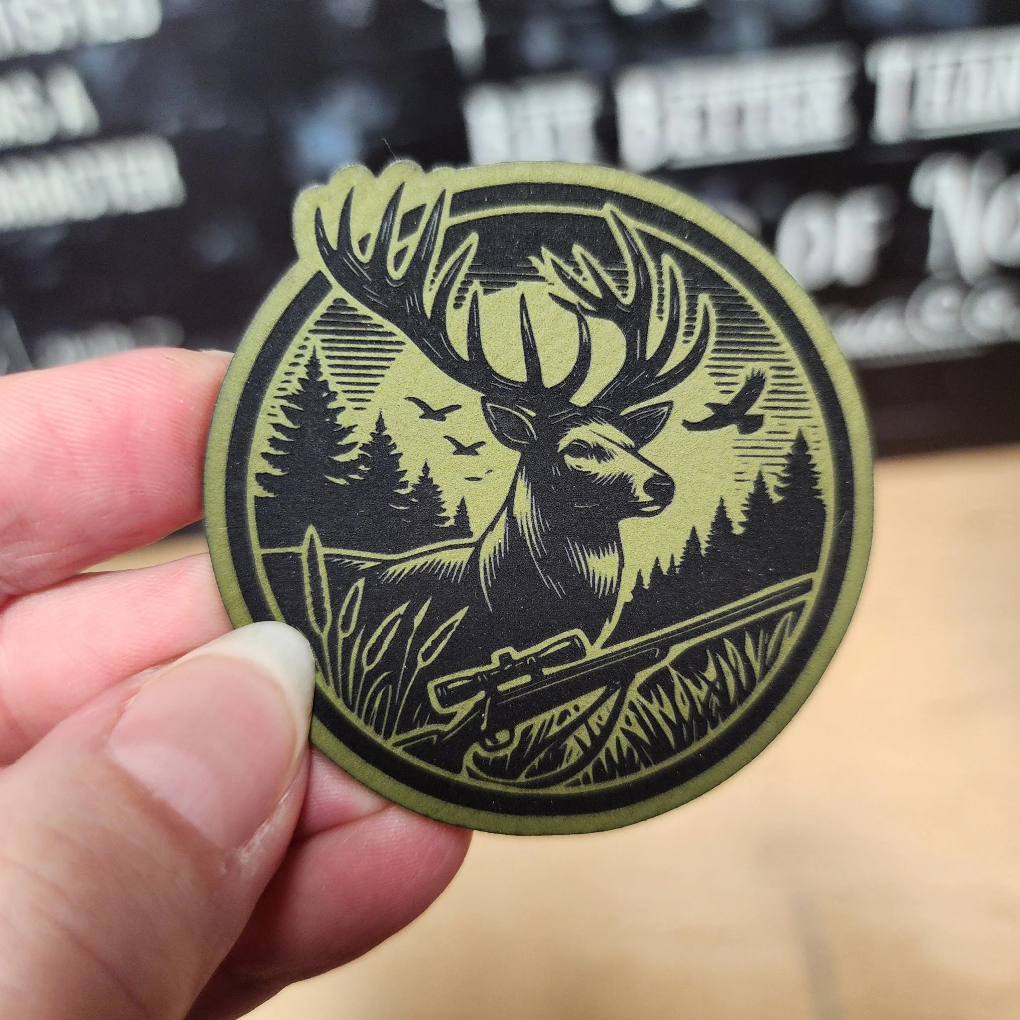 Deer in Nature Green Engraved Leatherette Hat Patch - MR01