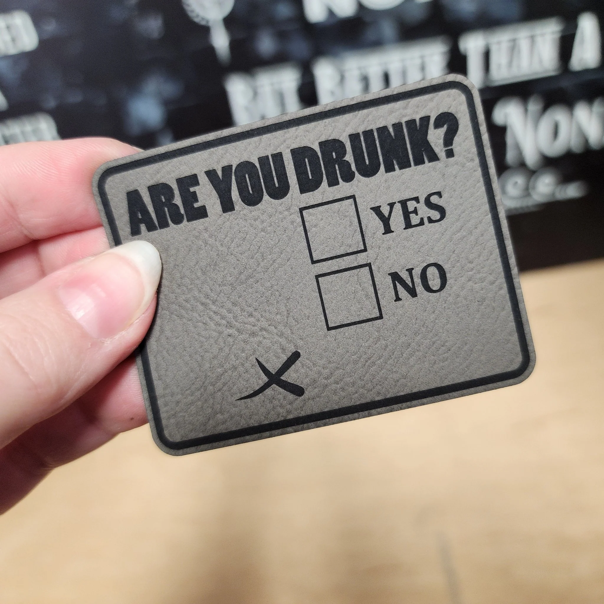 Drunk Check (Grey) Engraved Leatherette Hat Patch - MR01