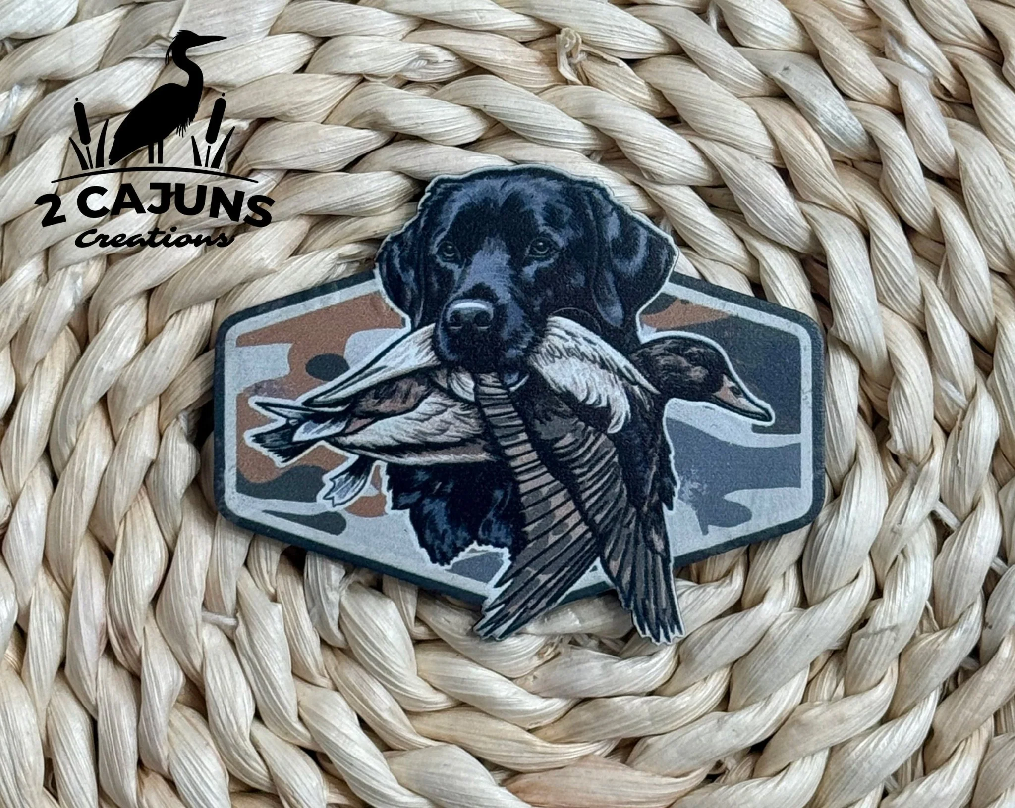 Duck Hunting Dog Camo UV Printed Leatherette Hat Patch