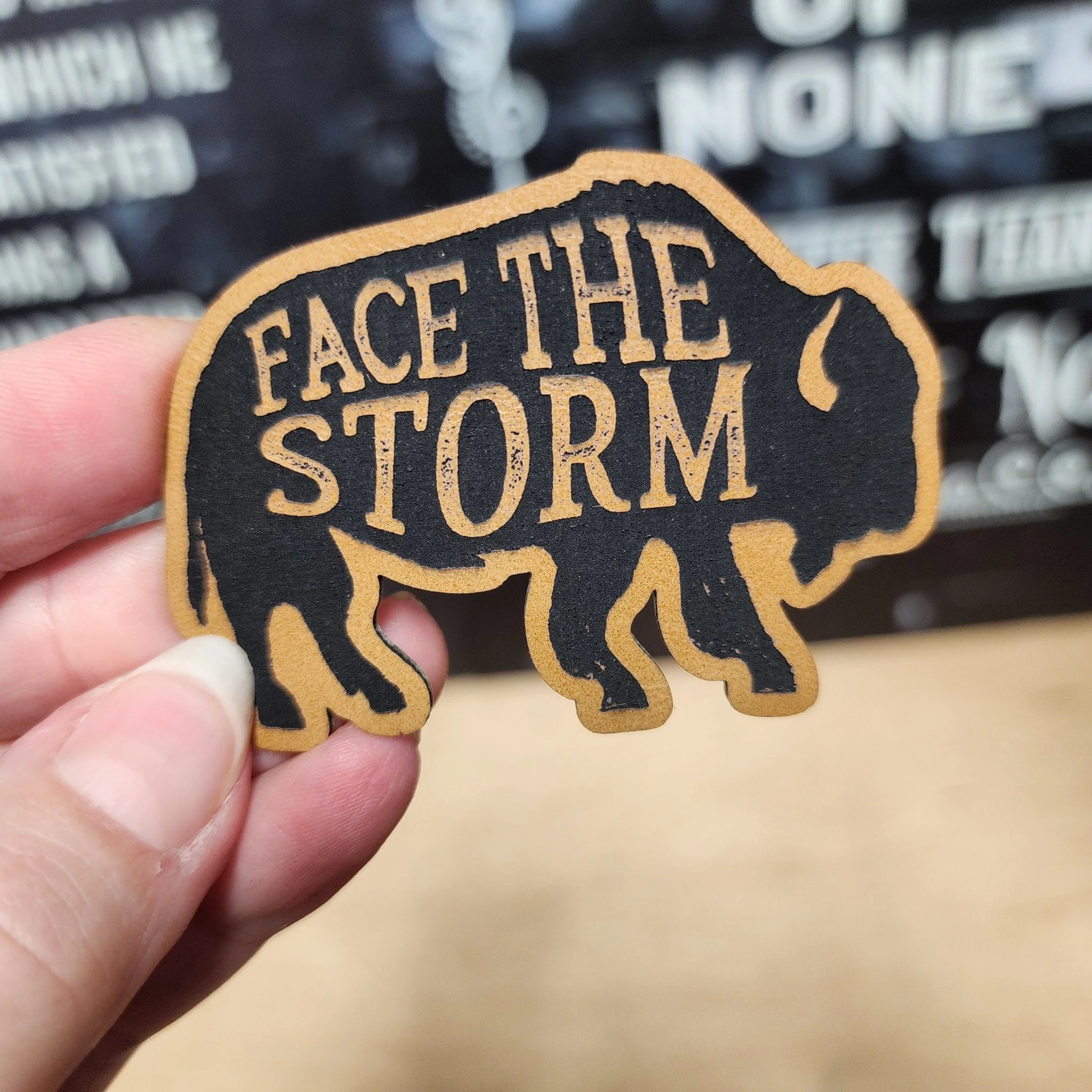 Face the Storm Buffalo (Saddle Tan) UV Printed Leatherette Hat Patch - MR01