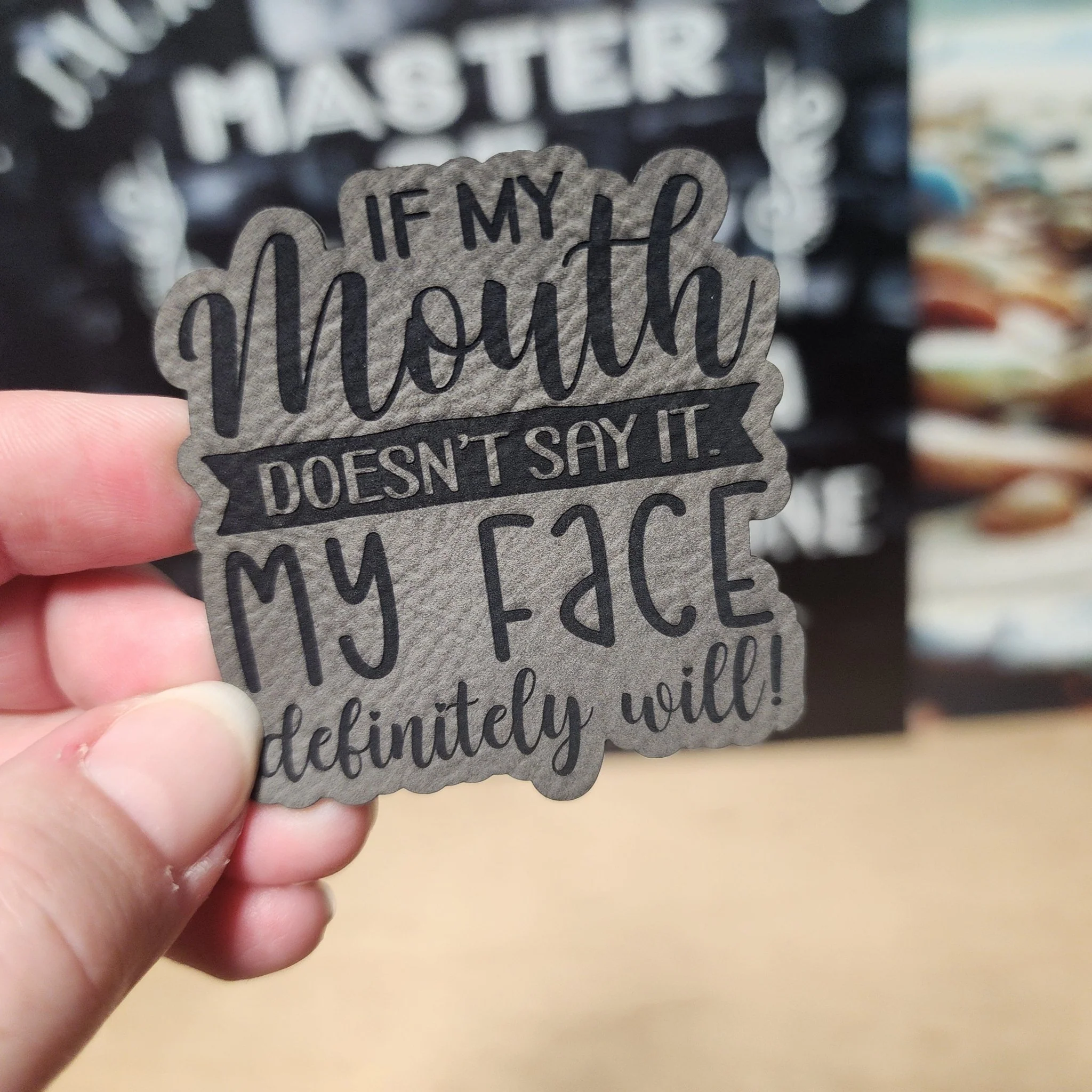 Facial Expressions Speak Loudly (Grey) Engraved Leatherette Hat Patch - MR01