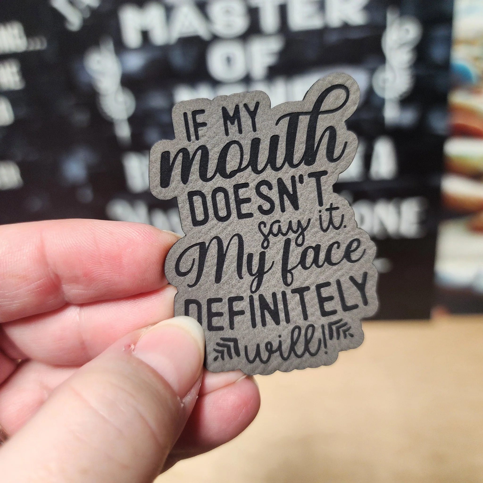 Facial Expressions Speak Volumes (Grey) Engraved Leatherette Hat Patch - MR01
