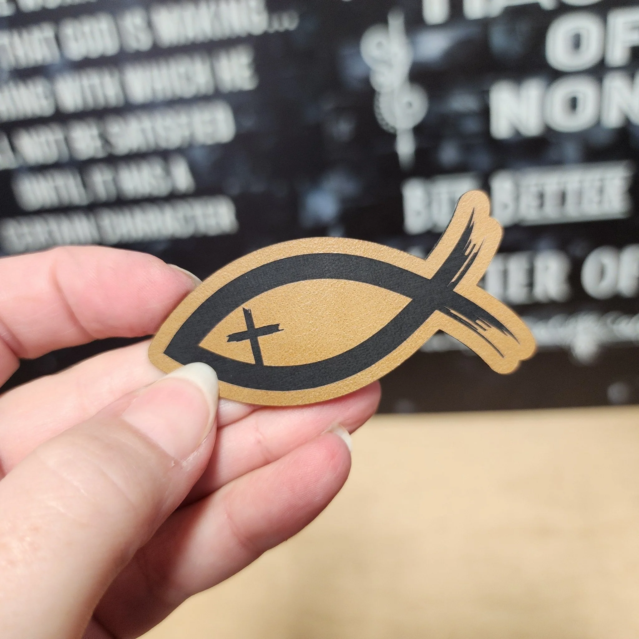 Faith Symbol Fish (Saddle Tan) Engraved Leatherette Hat Patch - MR01