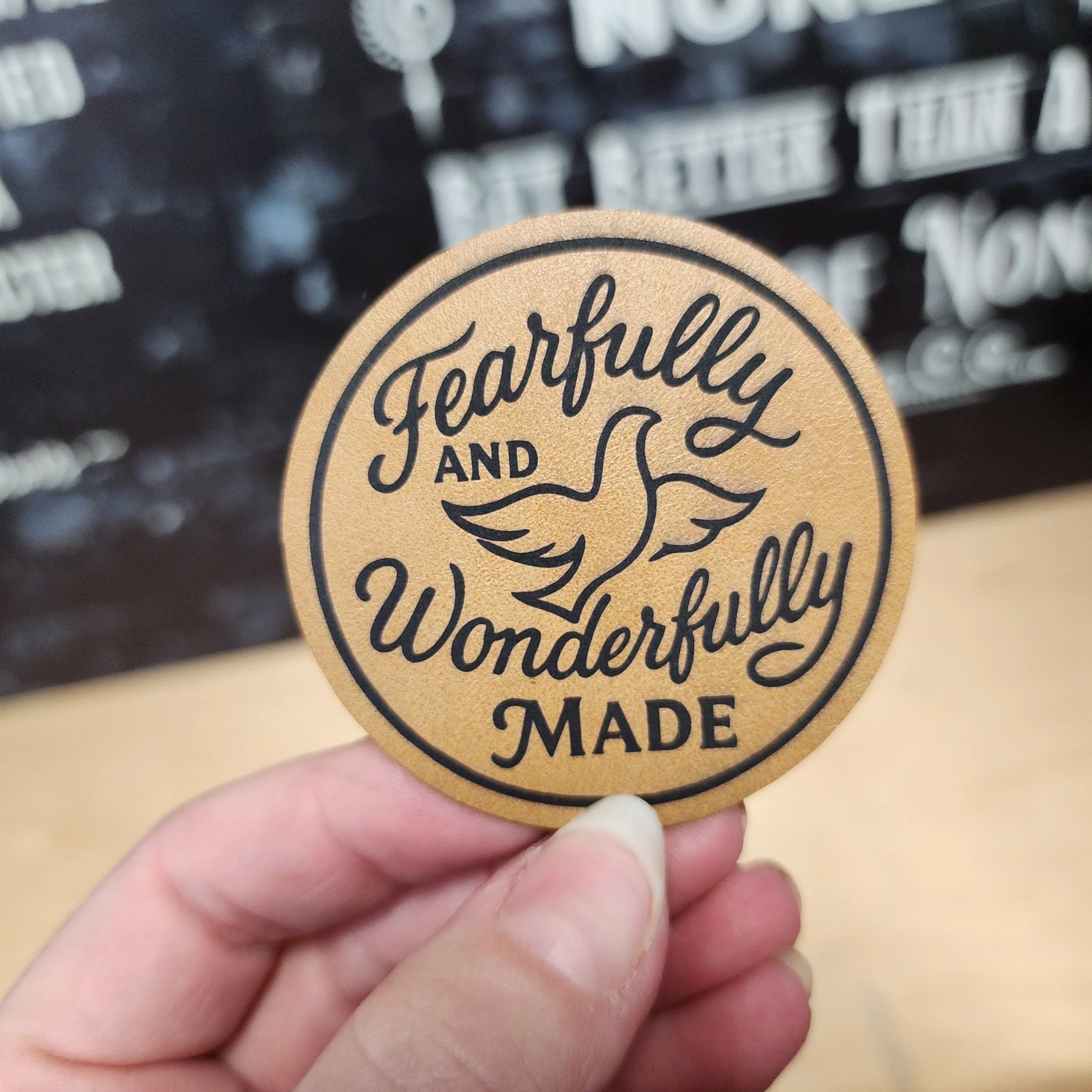 Fearfully and Wonderfully Made (Saddle Tan) Engraved Leatherette Hat Patch - MR01