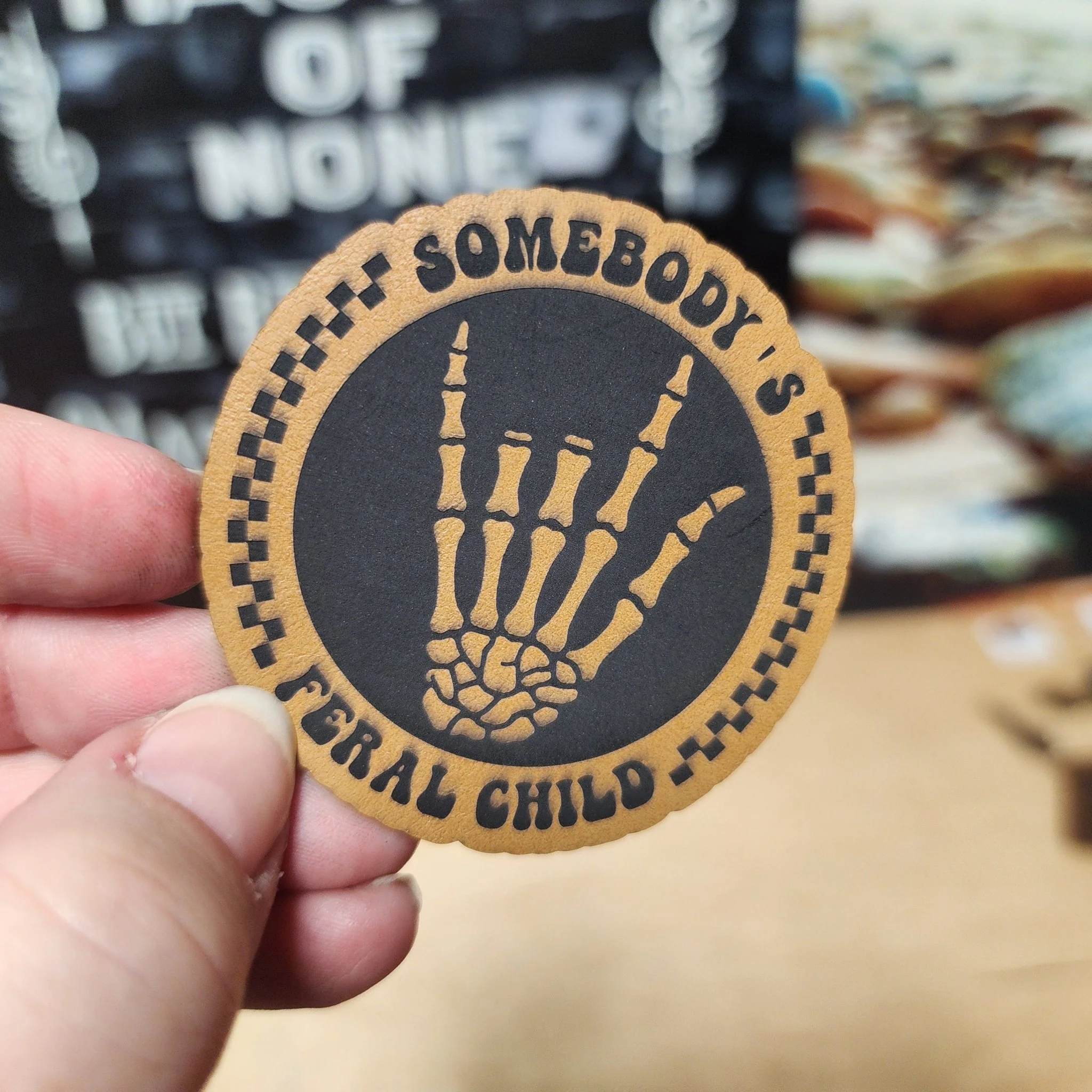Feral Child Skeleton (Saddle Tan) Engraved Leatherette Hat Patch - MR01