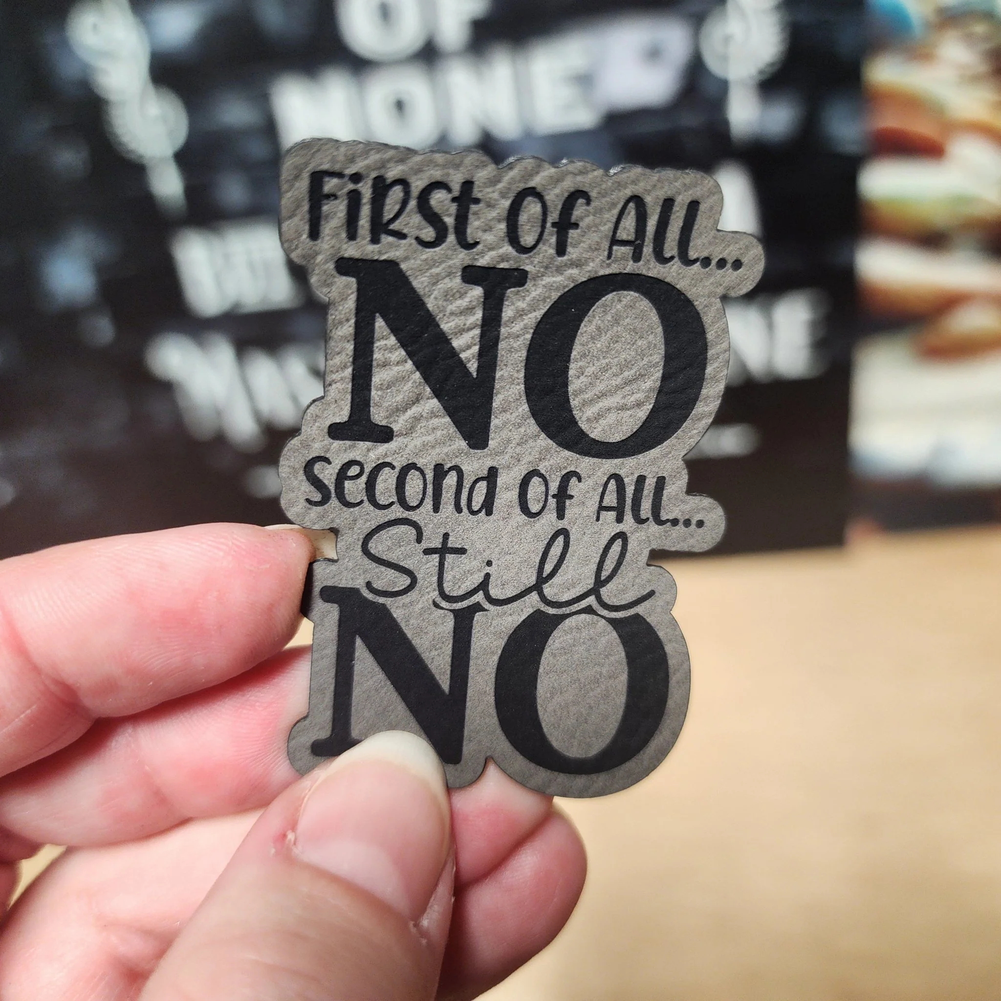 First of All No (Grey) Engraved Leatherette Hat Patch - MR01