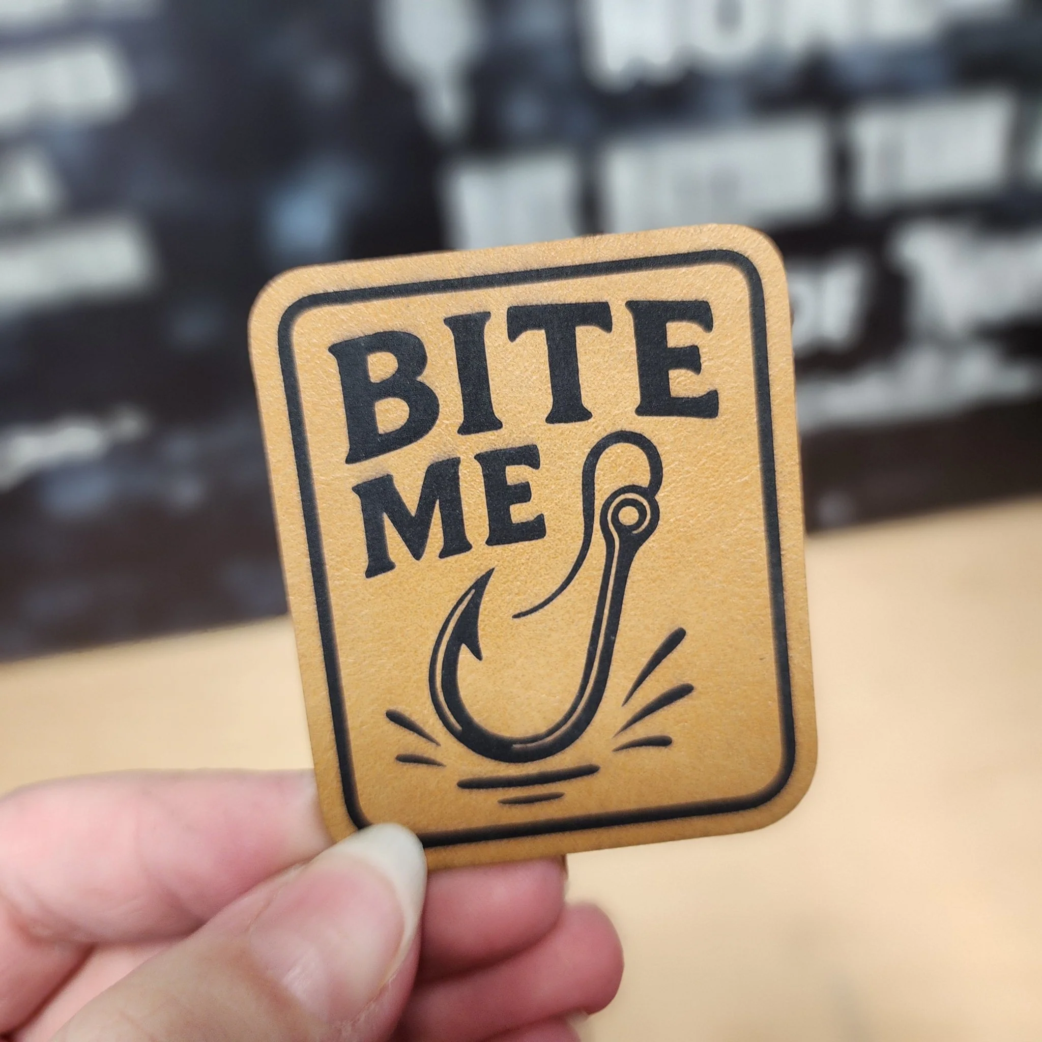 Fishing Hook Bite Me (Saddle Tan) Engraved Leatherette Hat Patch - MR01