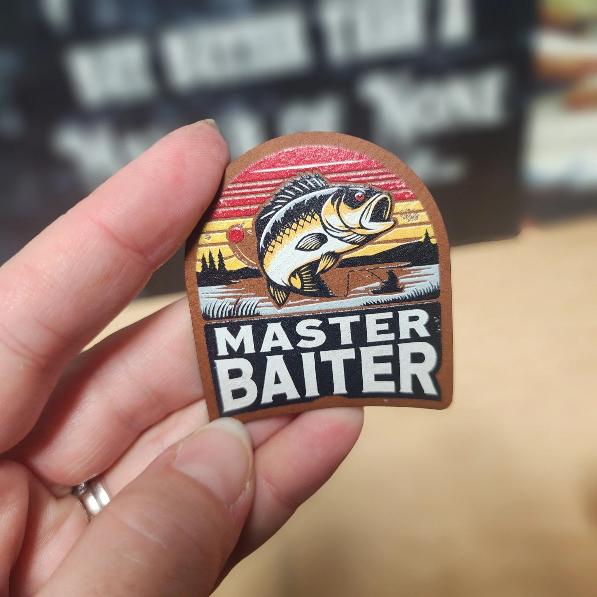 Fishing Humor Master Baiter UV Printed Leatherette Hat Patch - MR01