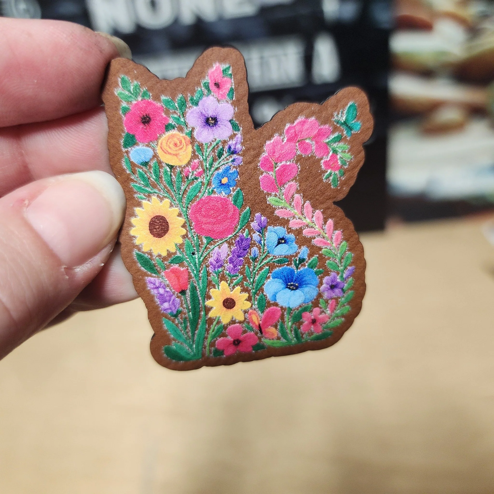 Floral Cat Design UV Printed Leatherette Hat Patch - MR01