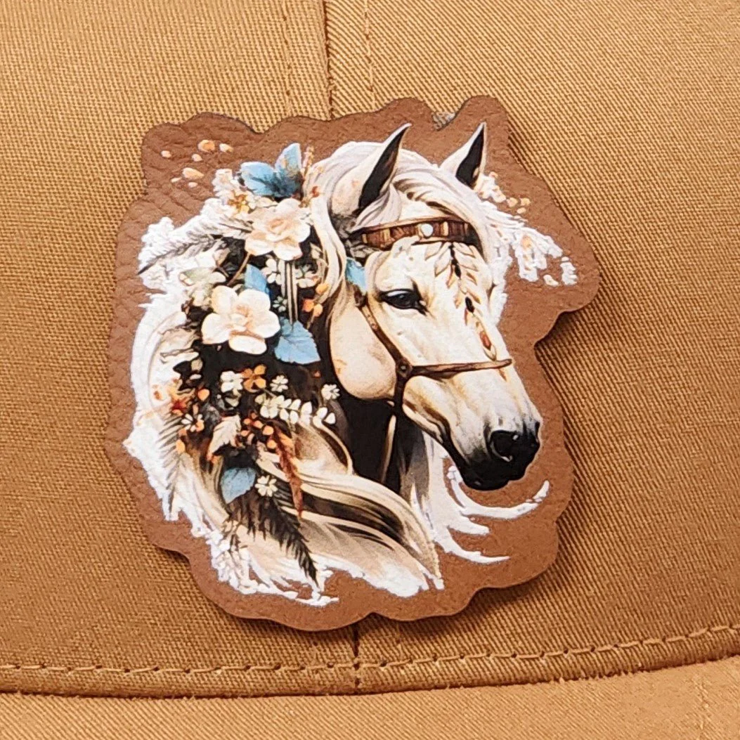 Floral Horse Design Patch UV Printed Leatherette Hat Patch - MR01