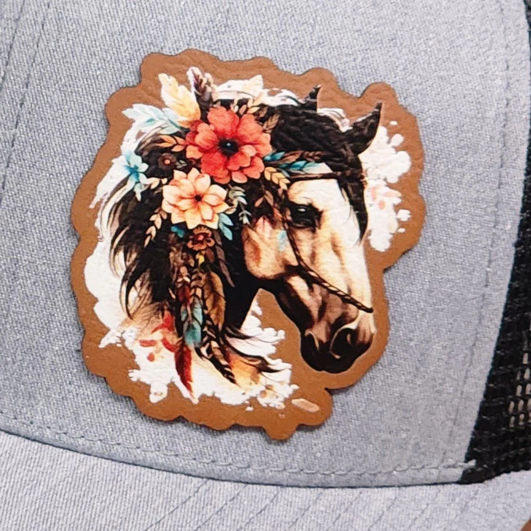 Floral Horse UV Printed Leatherette Hat Patch - MR01