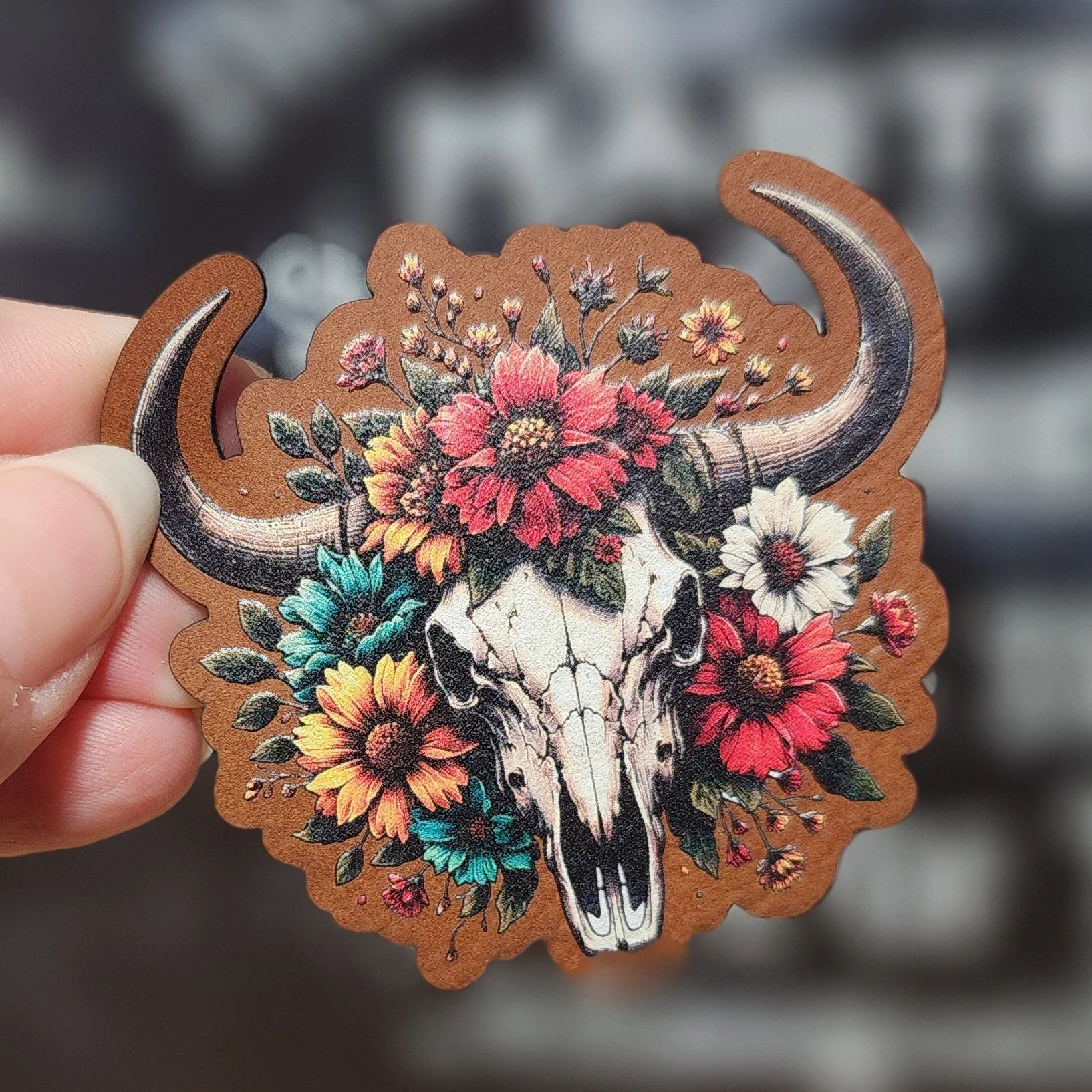 Floral Skull Design UV Printed Leatherette Hat Patch - MR01